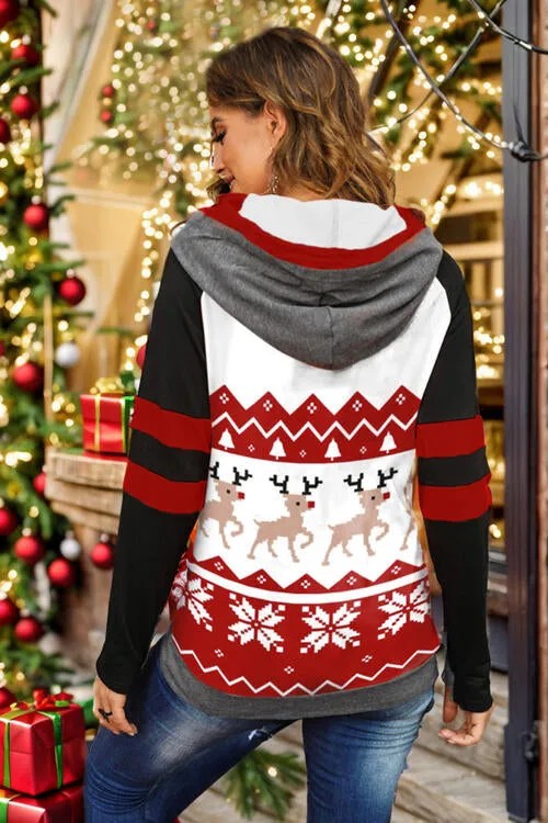 Double Take Full Size Drawstring Long Sleeve Christmas Hoodie