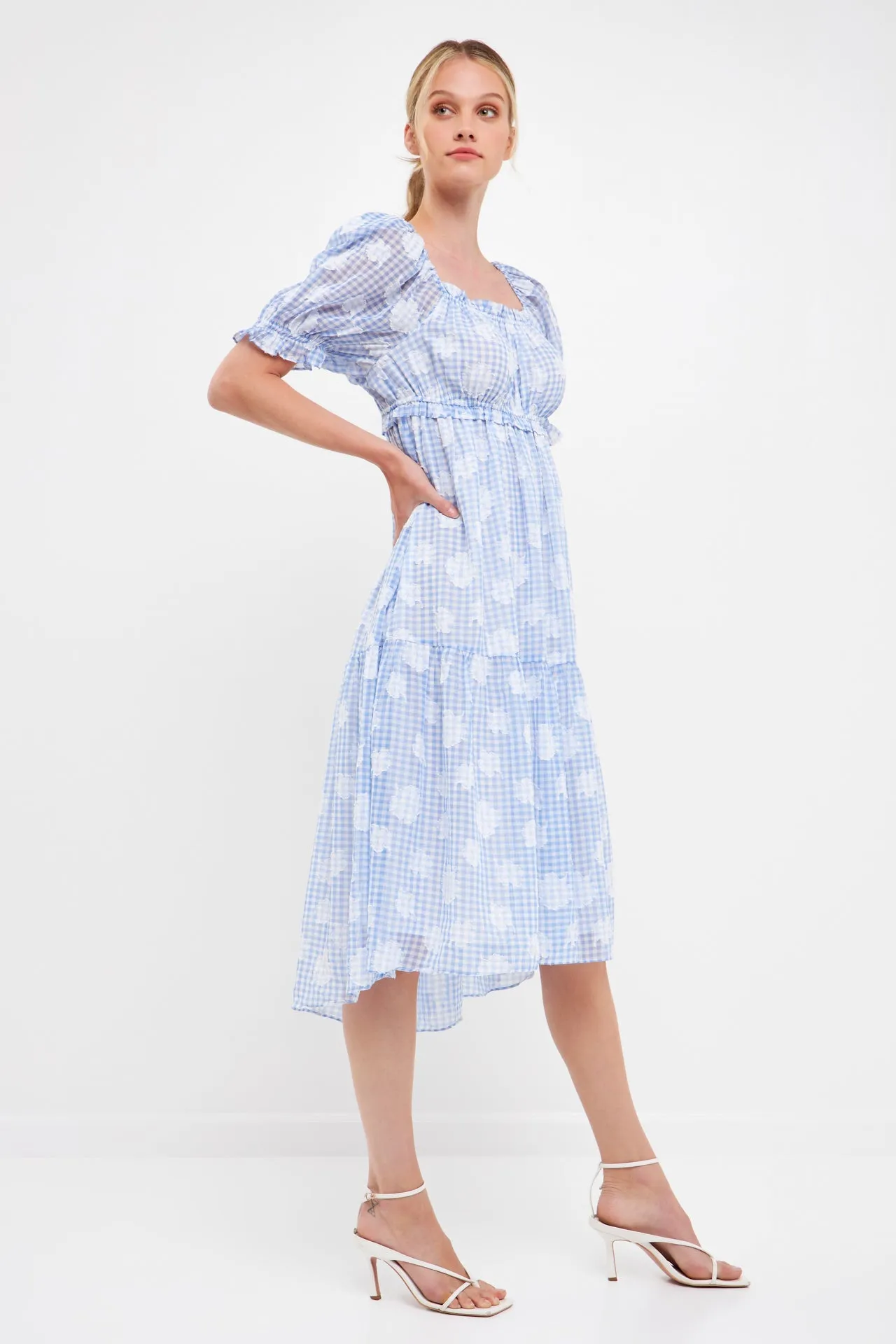 English Factory - Floral Texture with Gingham Printed Midi Dress