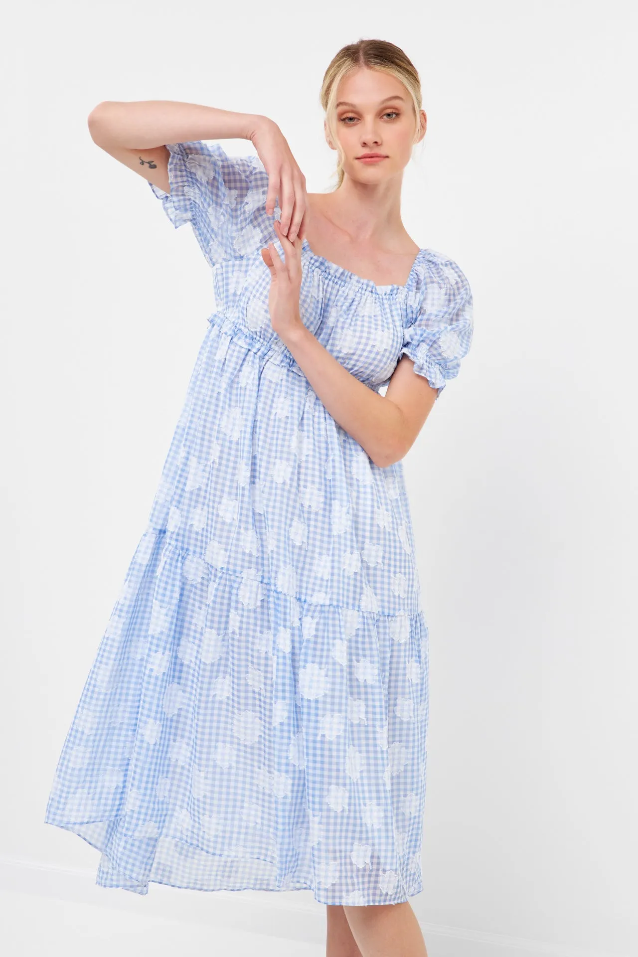 English Factory - Floral Texture with Gingham Printed Midi Dress