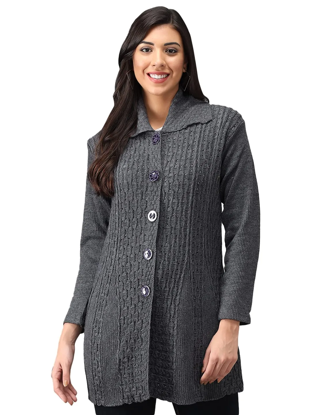 eWools Women's Ladies Winter Wear Woolen Self Banded Collar Cardigans Sweaters (Grey, 2XL)