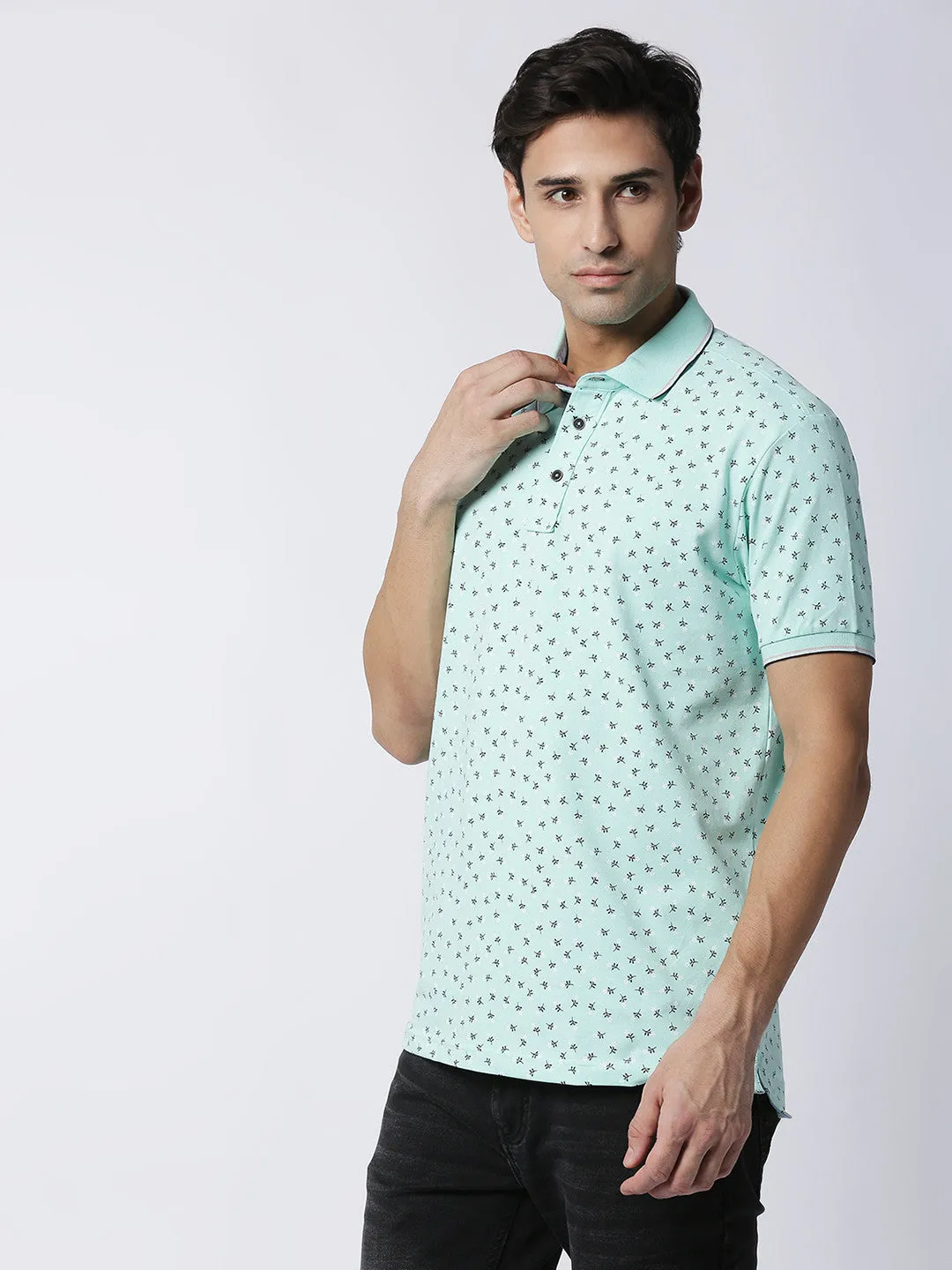 Fresh Mint Printed Pique Lycra Polo T-shirt