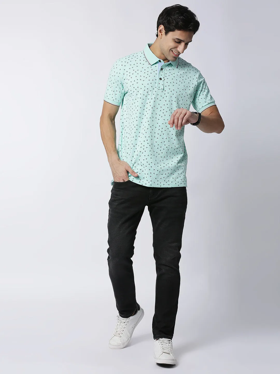 Fresh Mint Printed Pique Lycra Polo T-shirt