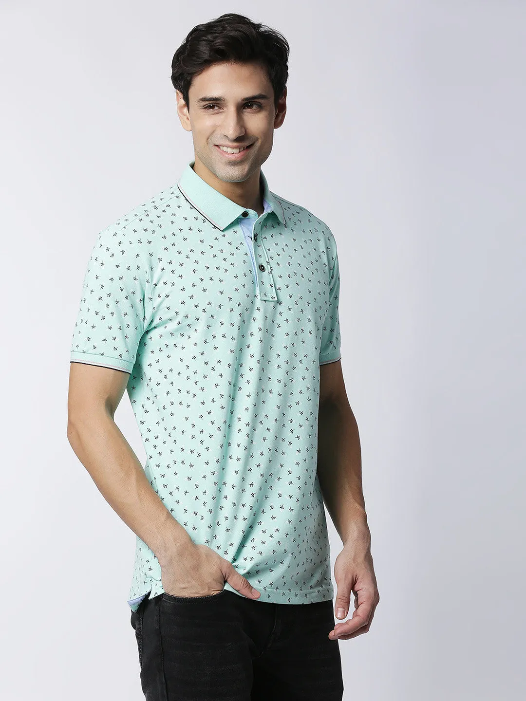 Fresh Mint Printed Pique Lycra Polo T-shirt