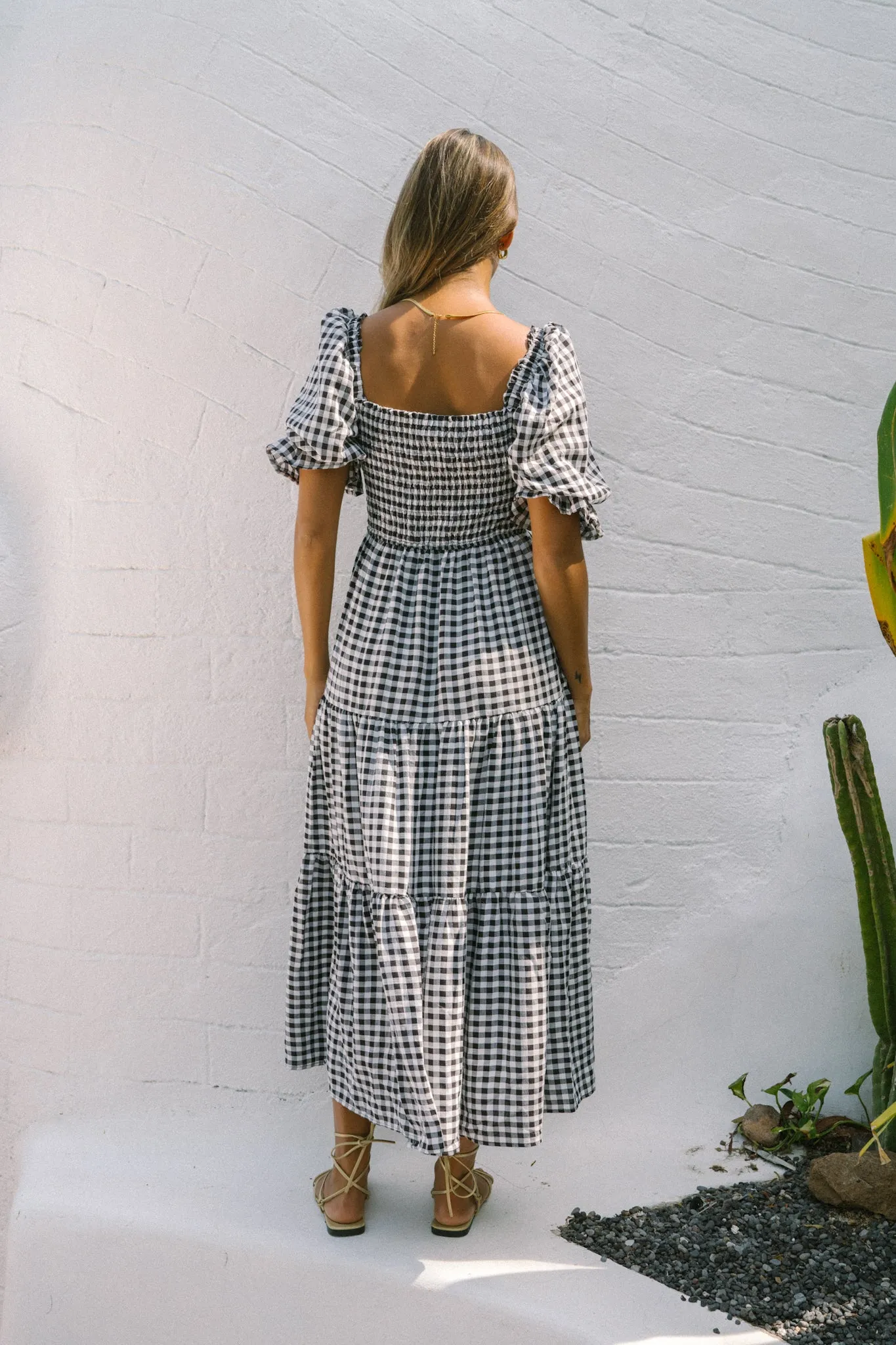 Gabrielle Black Gingham Puff Sleeve Tiered Midi Dress