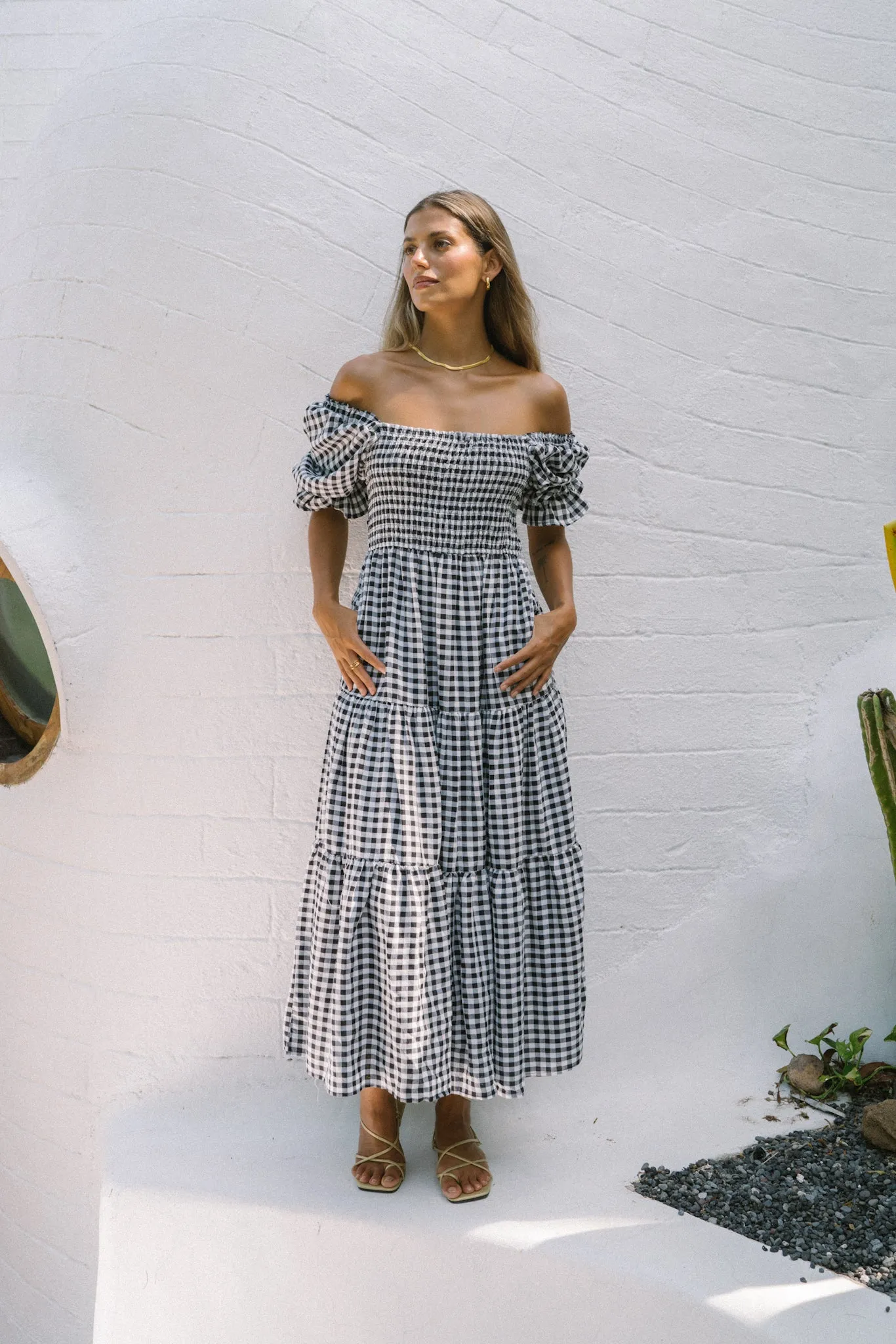 Gabrielle Black Gingham Puff Sleeve Tiered Midi Dress