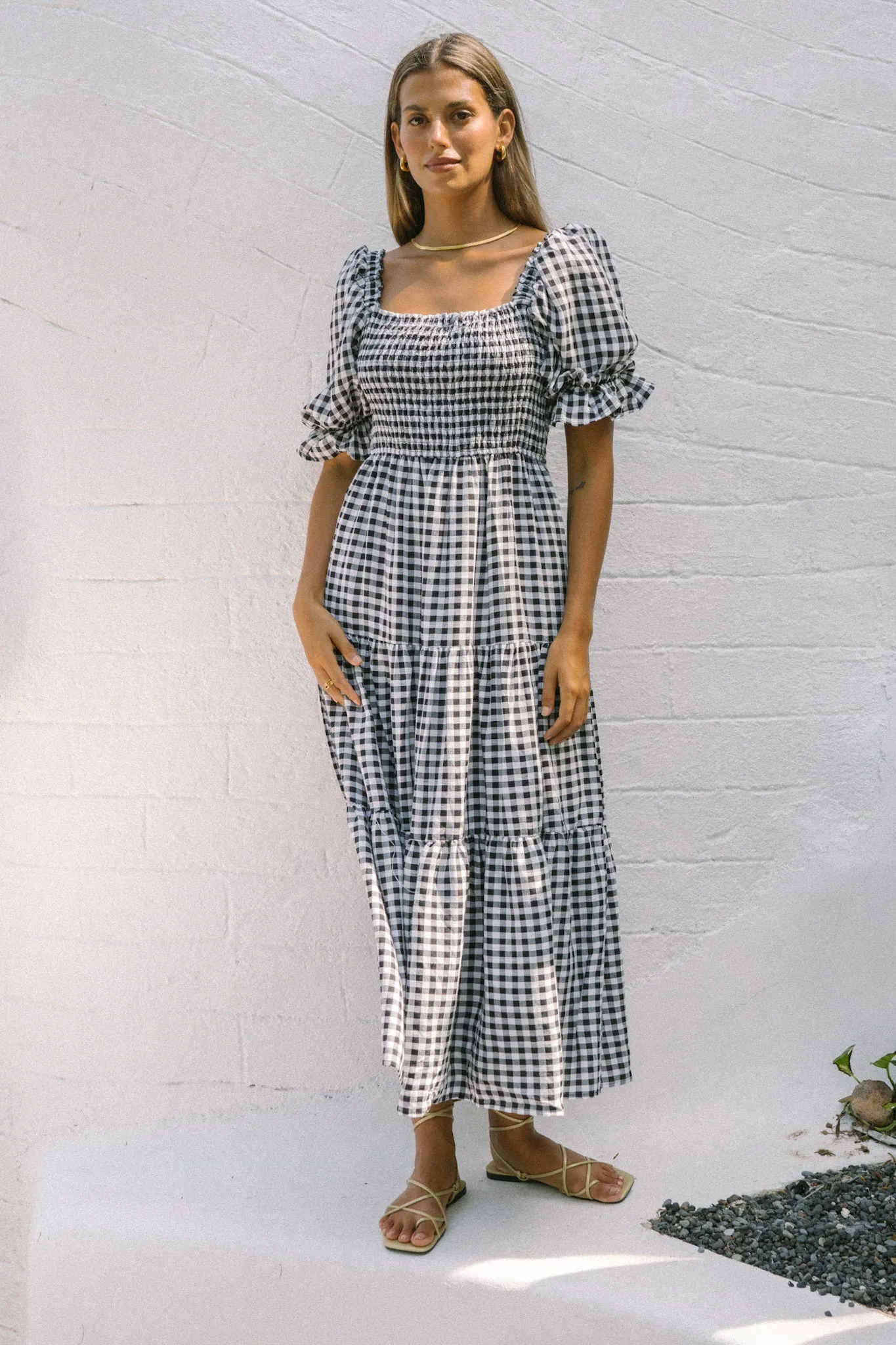 Gabrielle Black Gingham Puff Sleeve Tiered Midi Dress