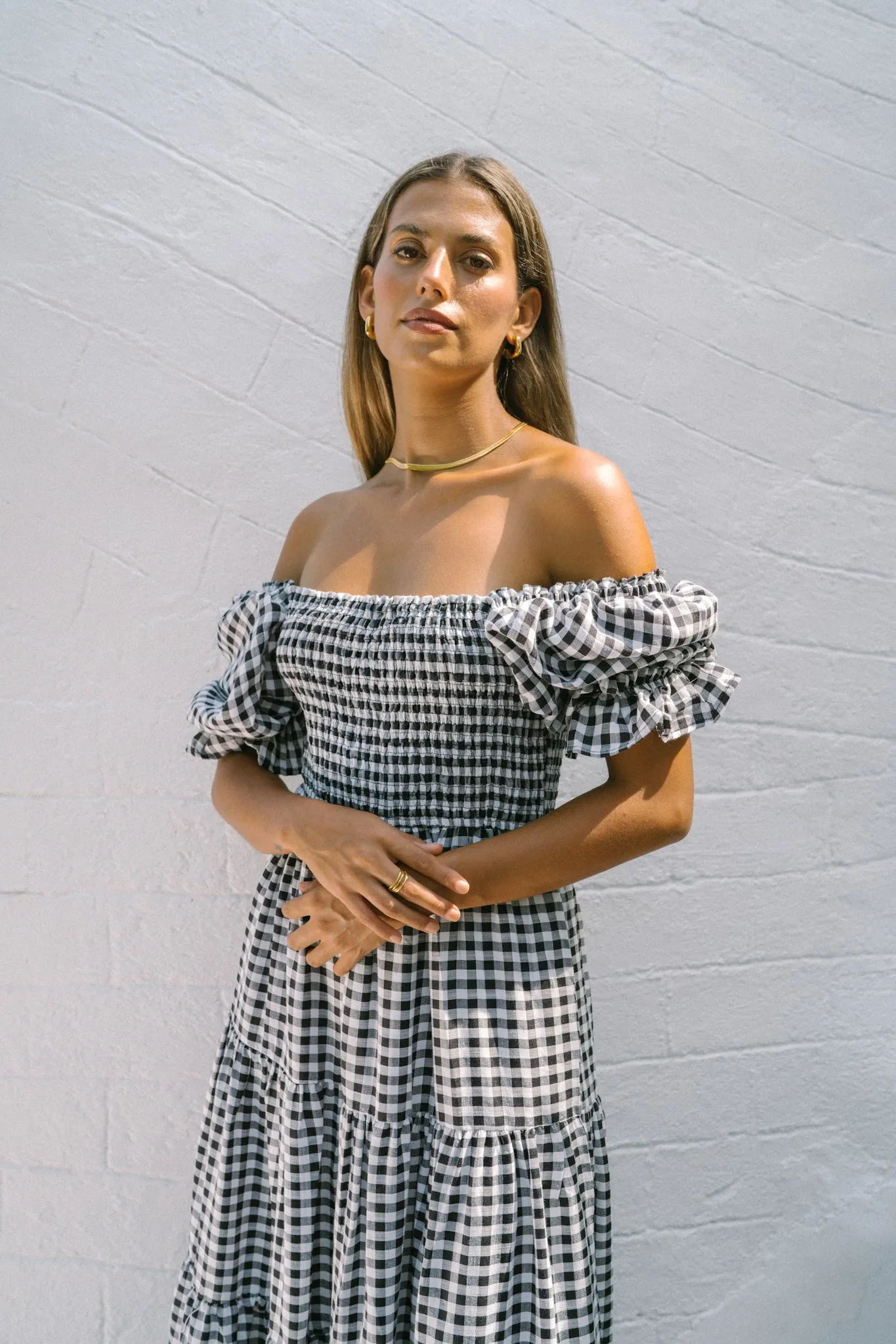 Gabrielle Black Gingham Puff Sleeve Tiered Midi Dress