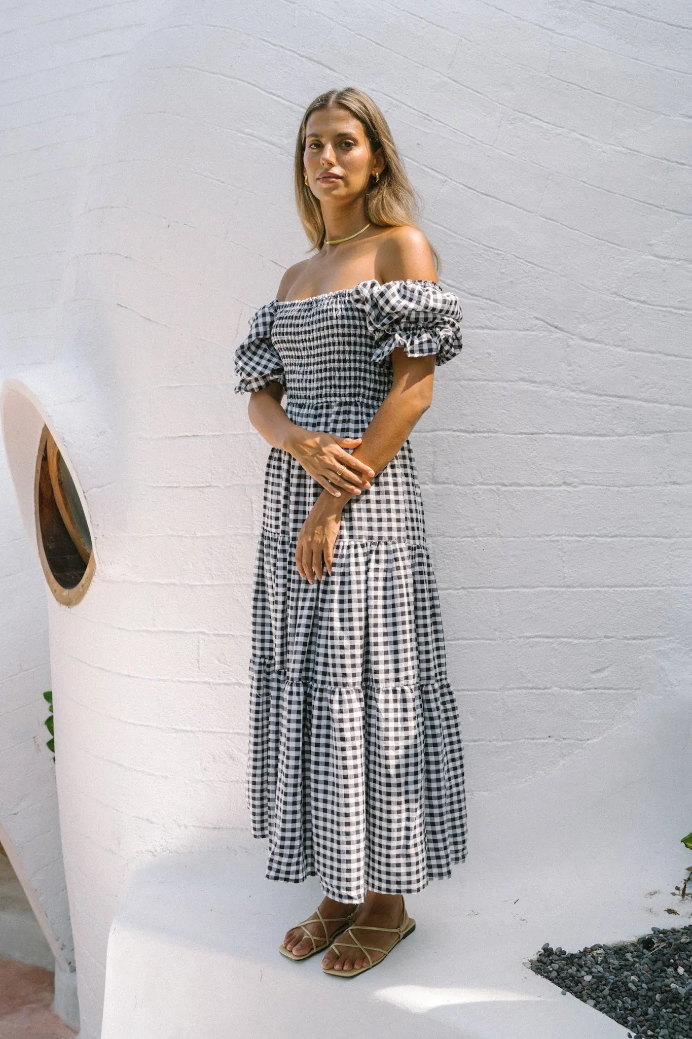 Gabrielle Black Gingham Puff Sleeve Tiered Midi Dress