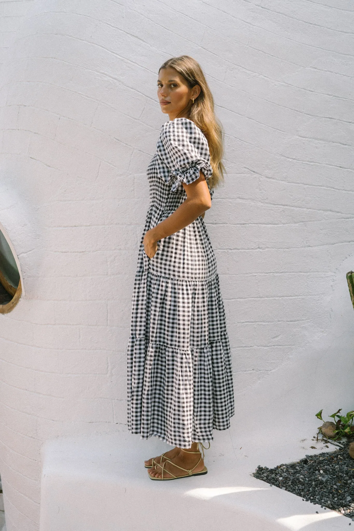 Gabrielle Black Gingham Puff Sleeve Tiered Midi Dress