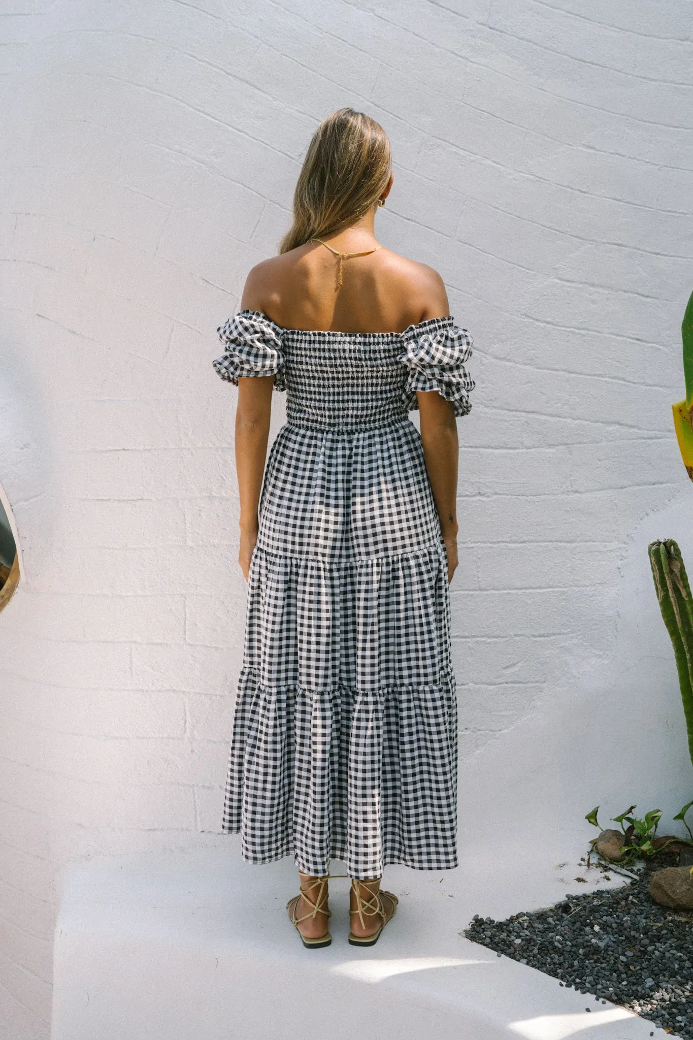 Gabrielle Black Gingham Puff Sleeve Tiered Midi Dress