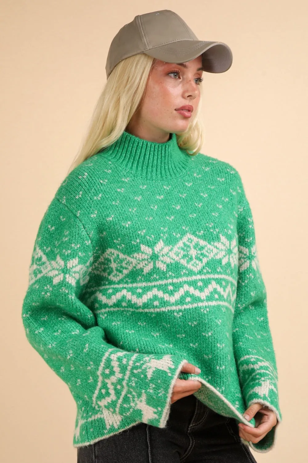 Green Christmas Element Mock Neck Long Sleeve Sweater