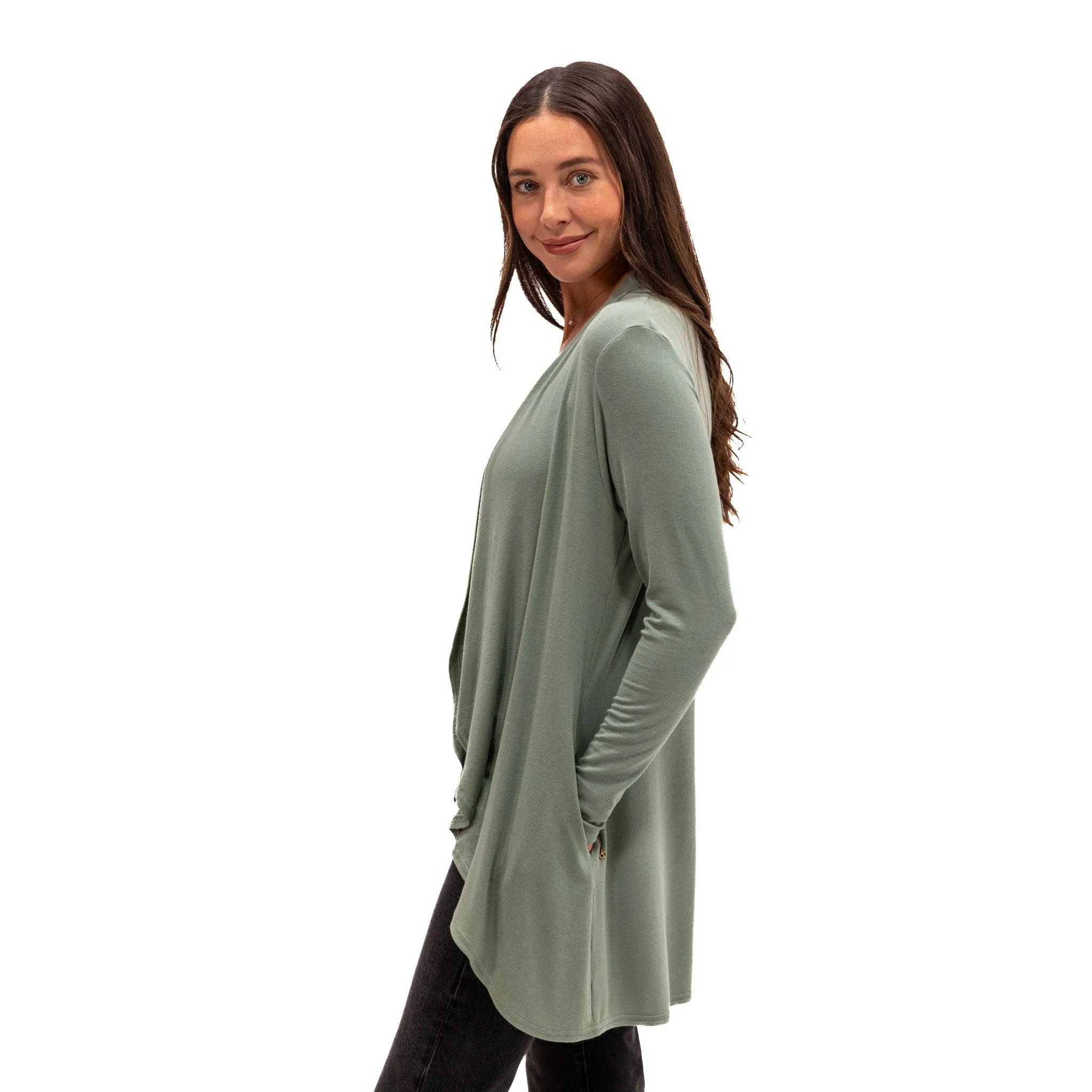 Hampton Open Front Travel Cardigan with Pockets in Eco-Cashmere Sage Green