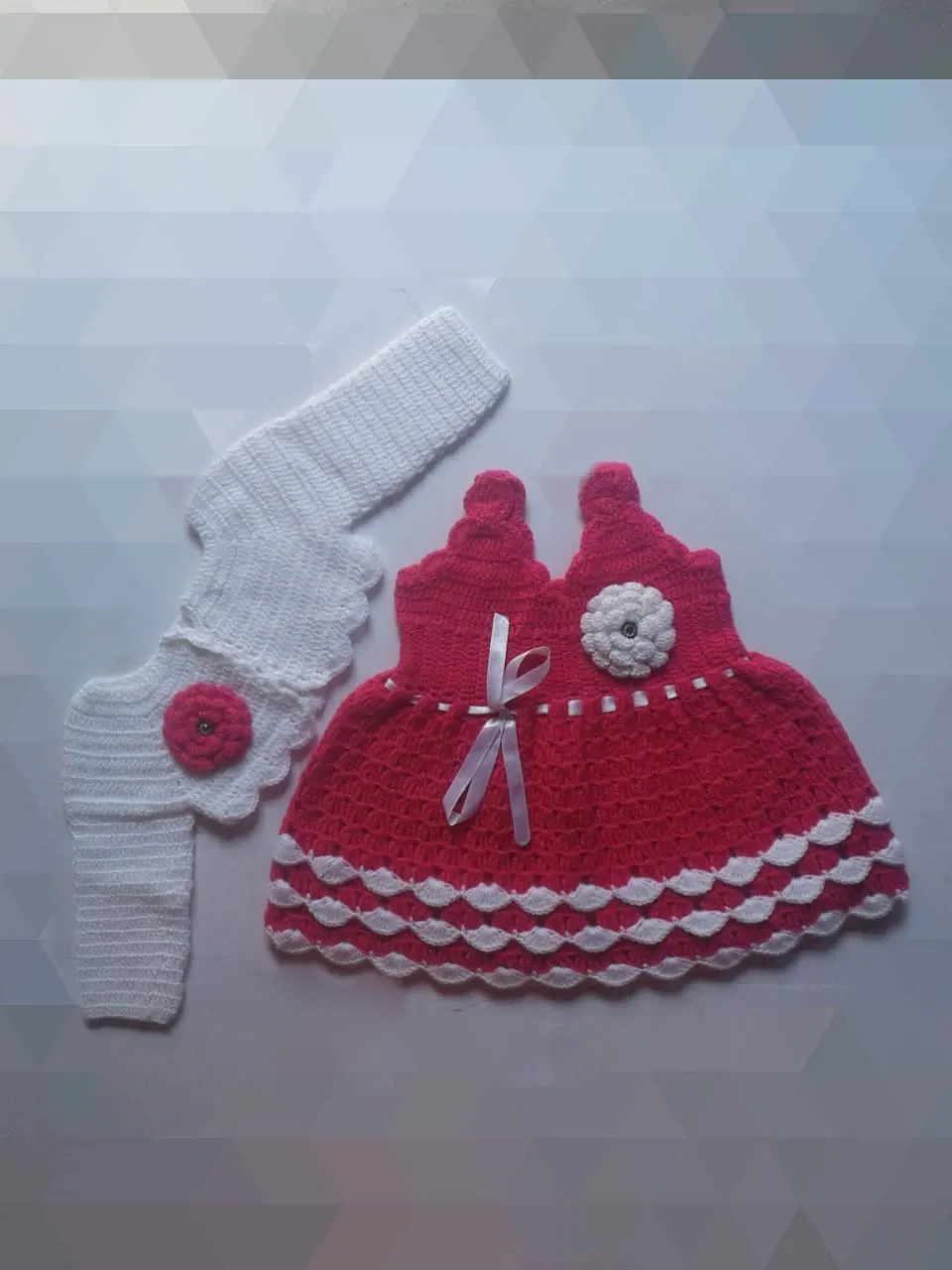 Handmade Woolen New Latest Design Frock With Short Cardigan For Little One - Violet Red & White