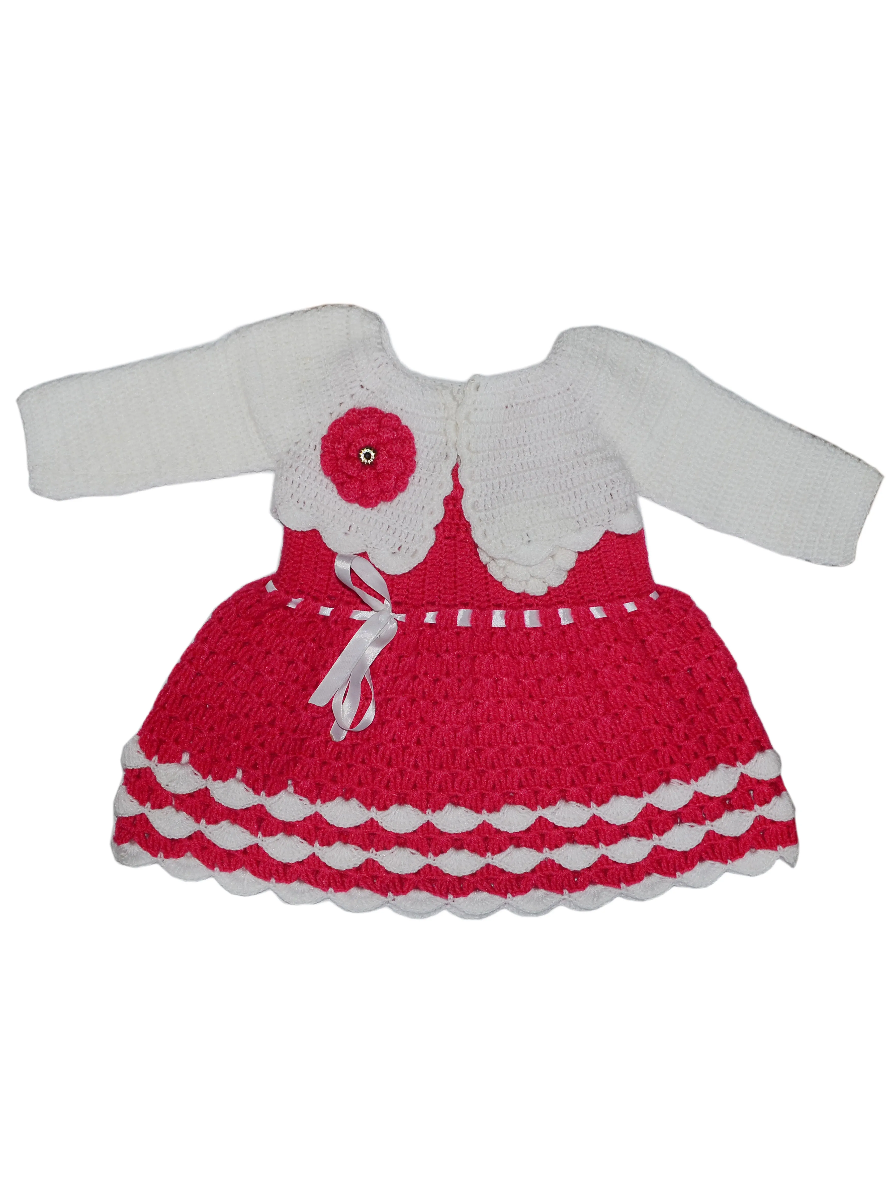 Handmade Woolen New Latest Design Frock With Short Cardigan For Little One - Violet Red & White