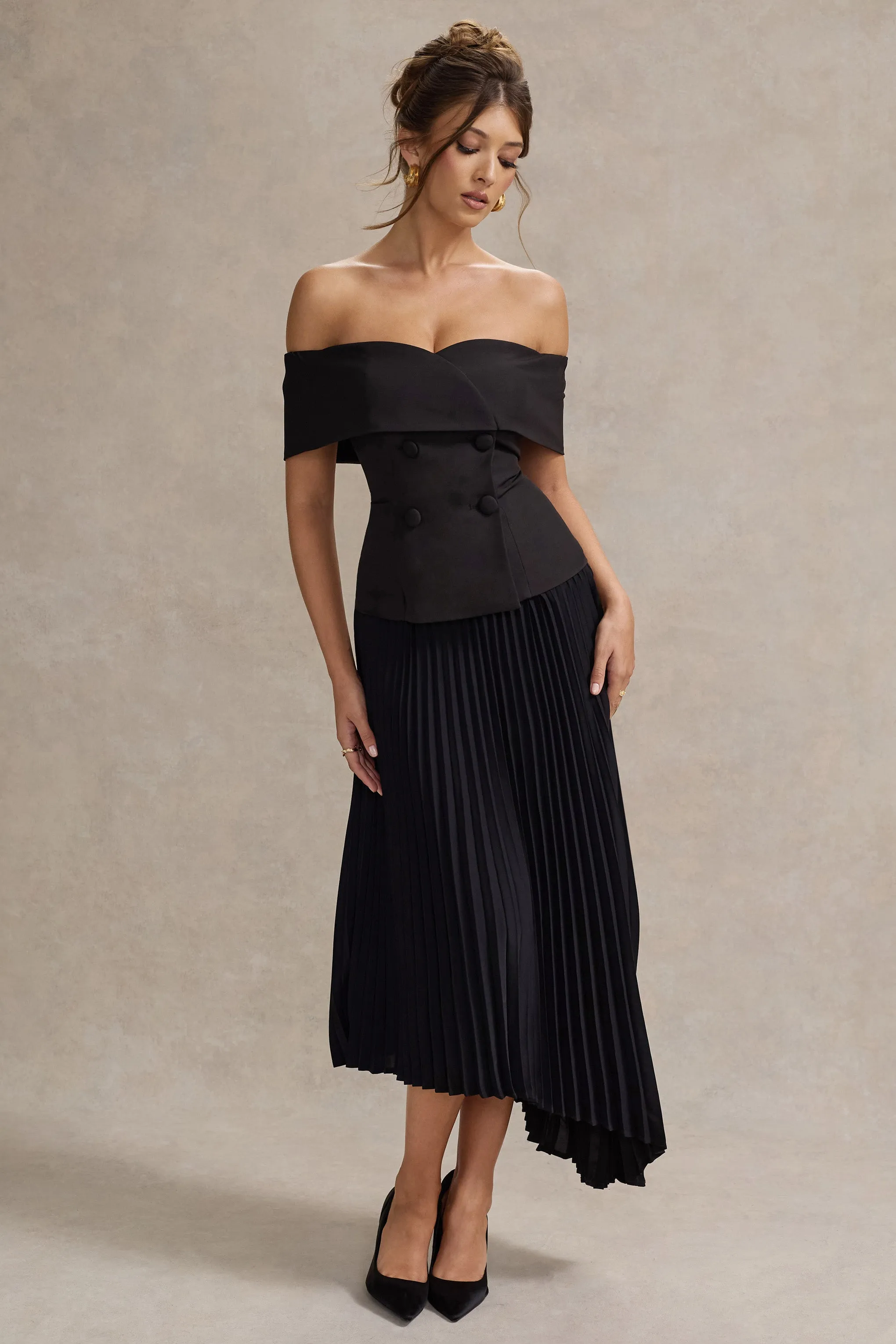 Hattie | Black Bardot Tailored Midi Dress With Plisse Skirt