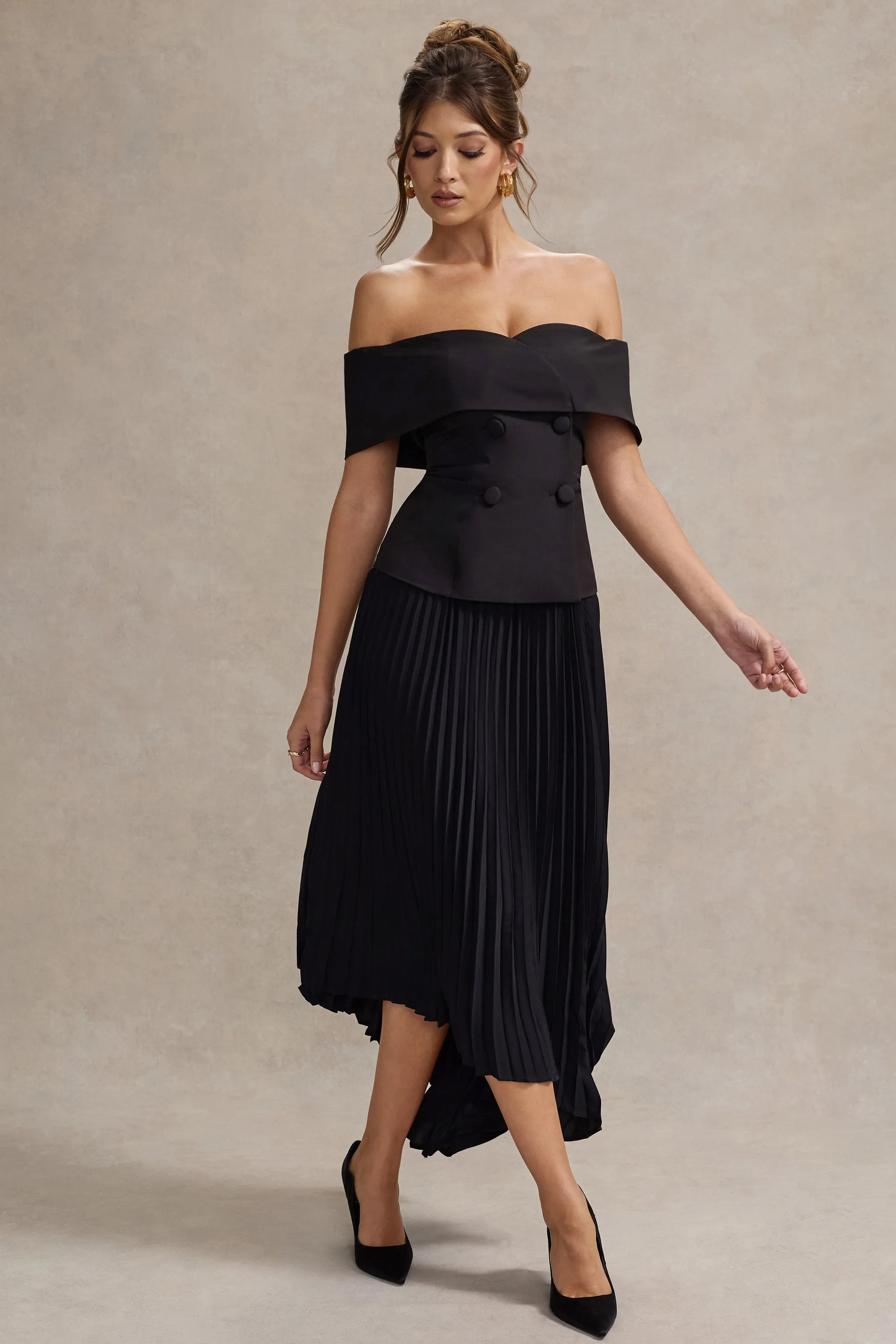 Hattie | Black Bardot Tailored Midi Dress With Plisse Skirt