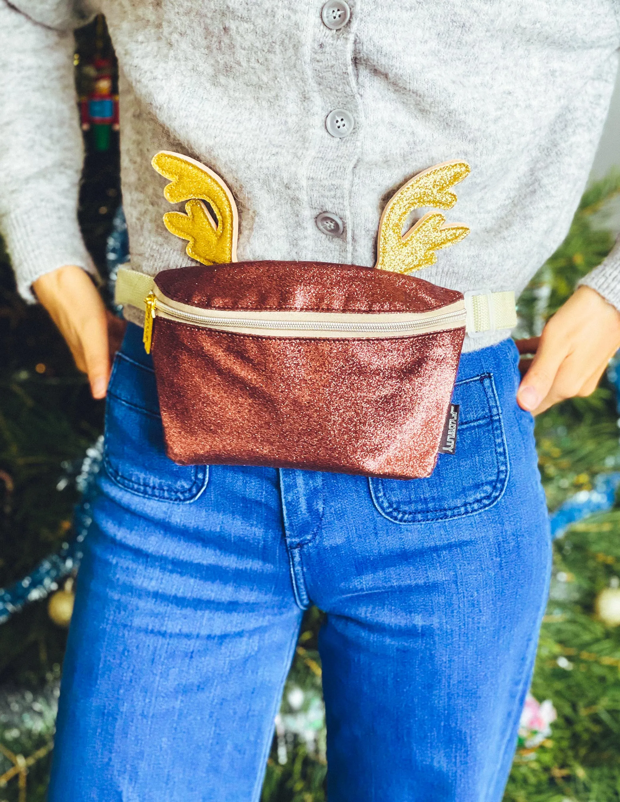 HOLO.DAZE Fanny Packs- Glitter Reindeer Brown & Gold