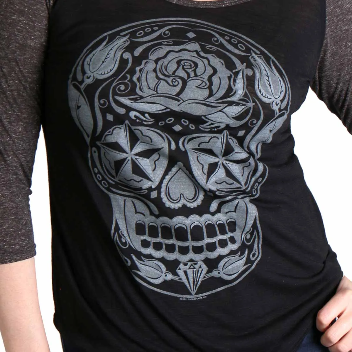 Hot Leathers GLC3352 Sugar Skull Black and Heather Grey 3/4 Sleeve