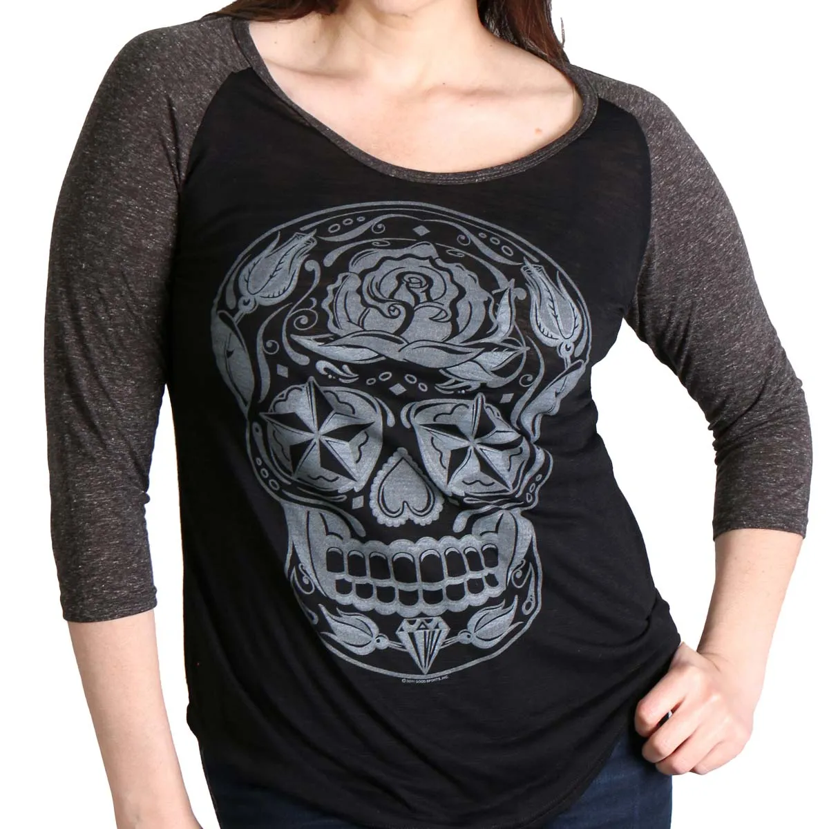 Hot Leathers GLC3352 Sugar Skull Black and Heather Grey 3/4 Sleeve