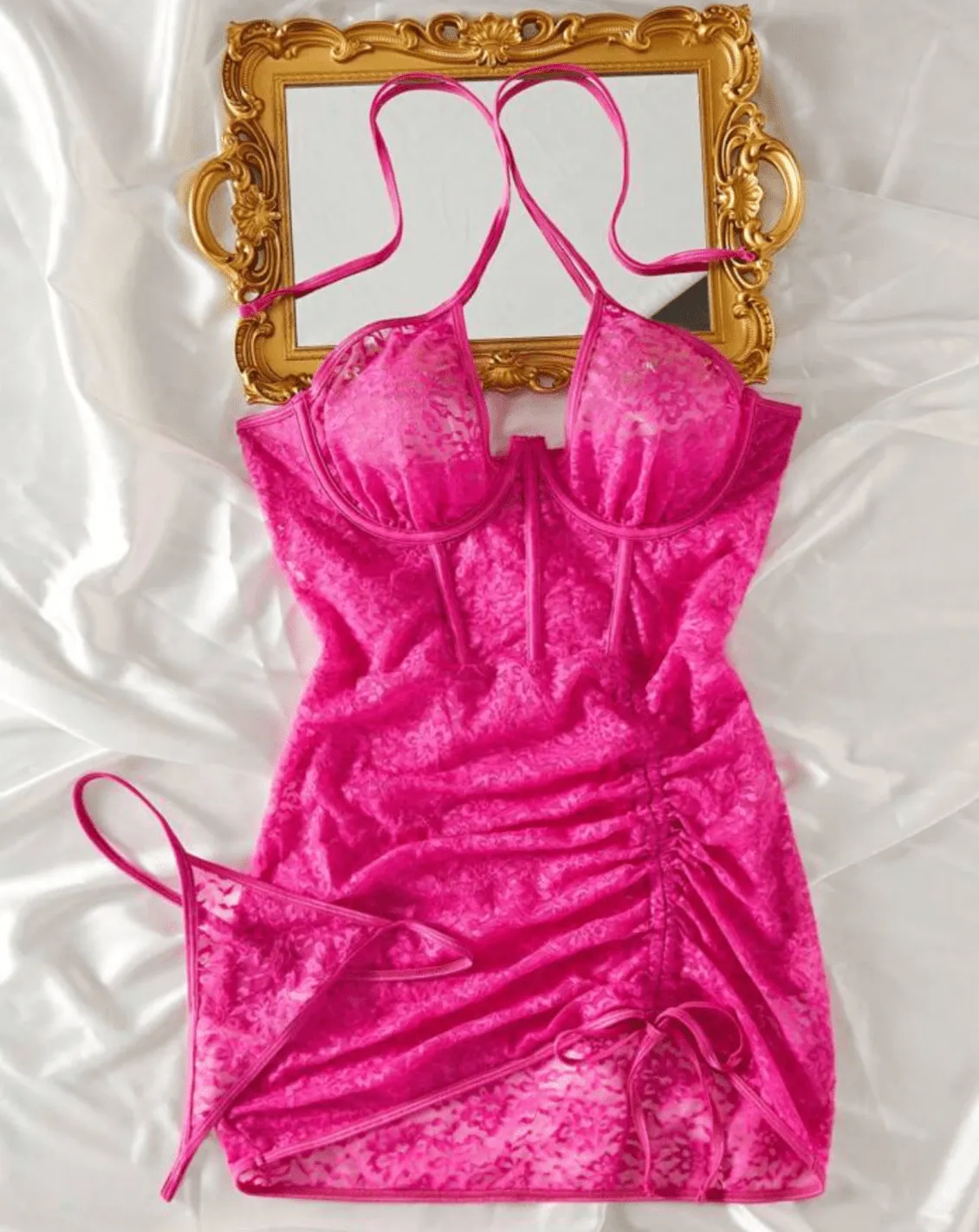 Hot Pink Lingerie Dress Lace Negligees Set