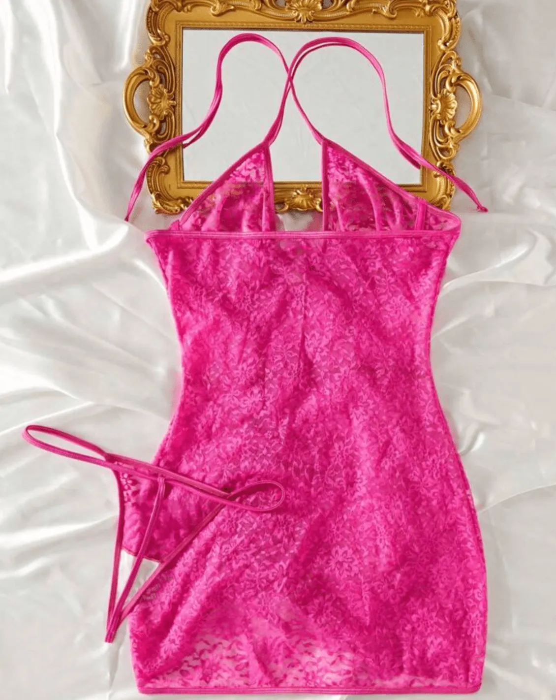 Hot Pink Lingerie Dress Lace Negligees Set