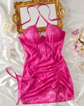 Hot Pink Lingerie Dress Lace Negligees Set