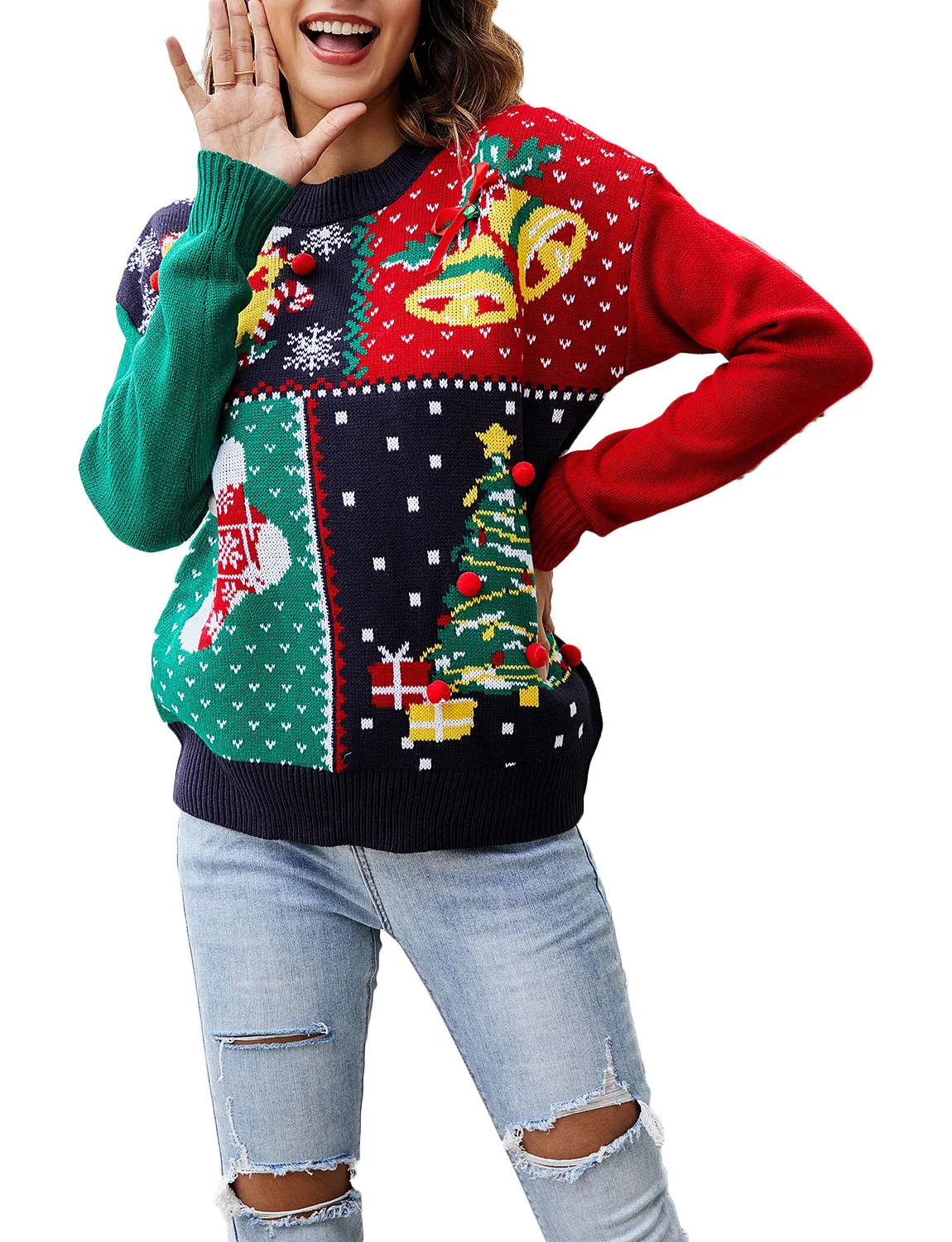 iB-iP Women's Casual Stitching Pattern Christmas Top Long Sleeve Pullover Sweater