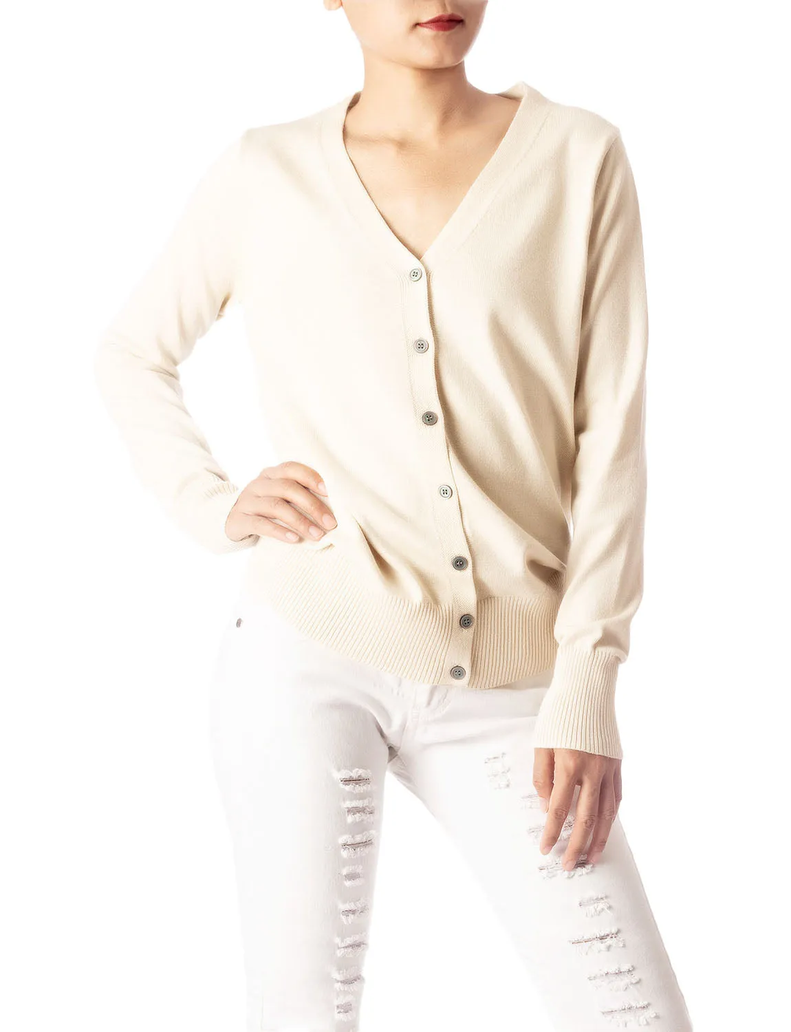 iB-iP Women's Fashion Button V-neck Ladys Sweater Lightweight Cardigan