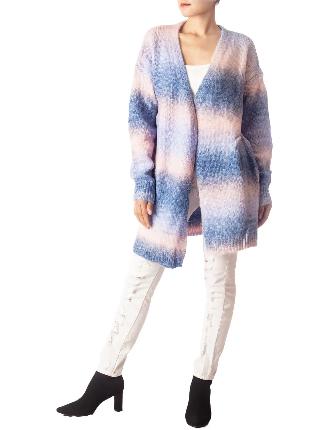 iB-iP Women's Gradient Multicolor Sweater Loose Oversized Long Sleeve Cardigan