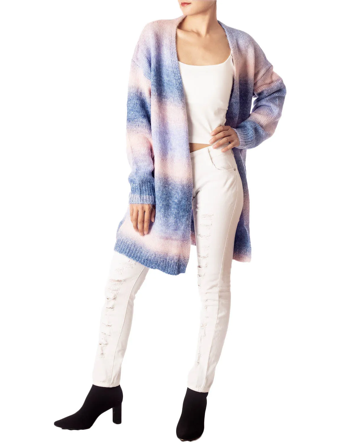 iB-iP Women's Gradient Multicolor Sweater Loose Oversized Long Sleeve Cardigan