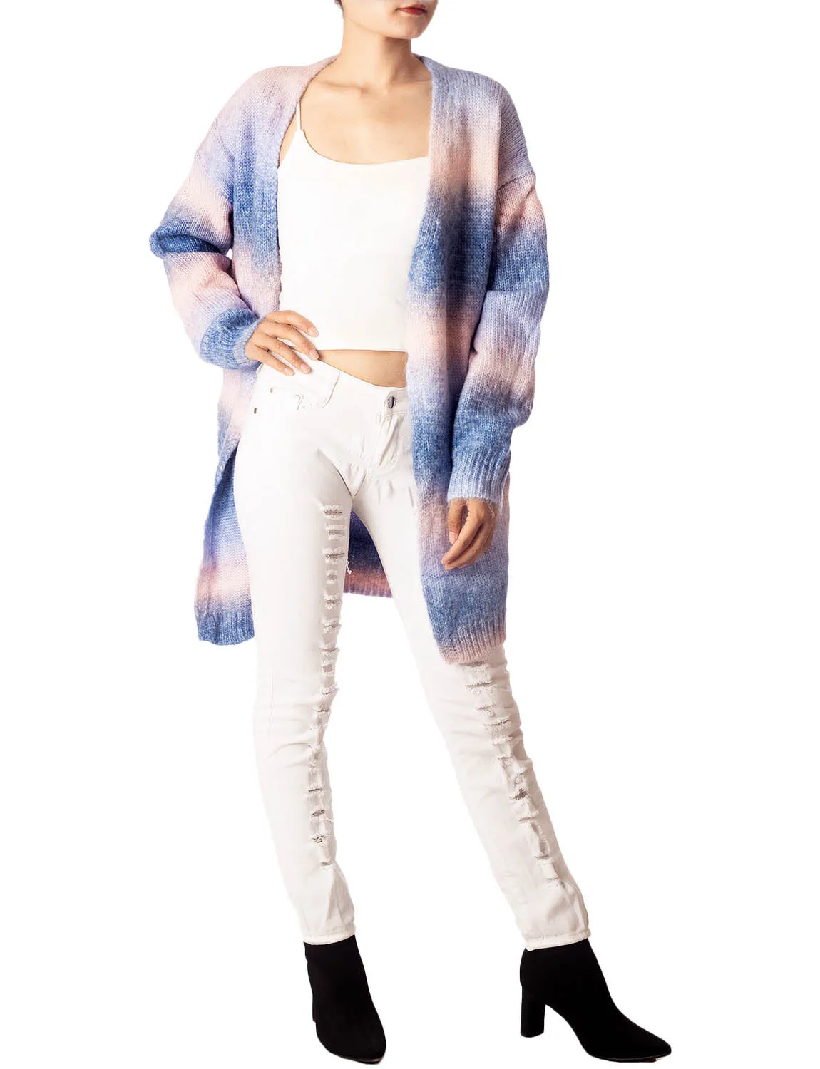 iB-iP Women's Gradient Multicolor Sweater Loose Oversized Long Sleeve Cardigan