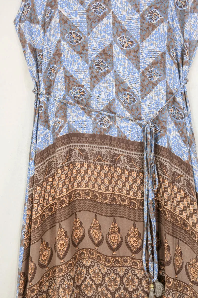 Jamie Dress - Indian Sari Slip - Rustic Brown & Blue Check - Size M/L