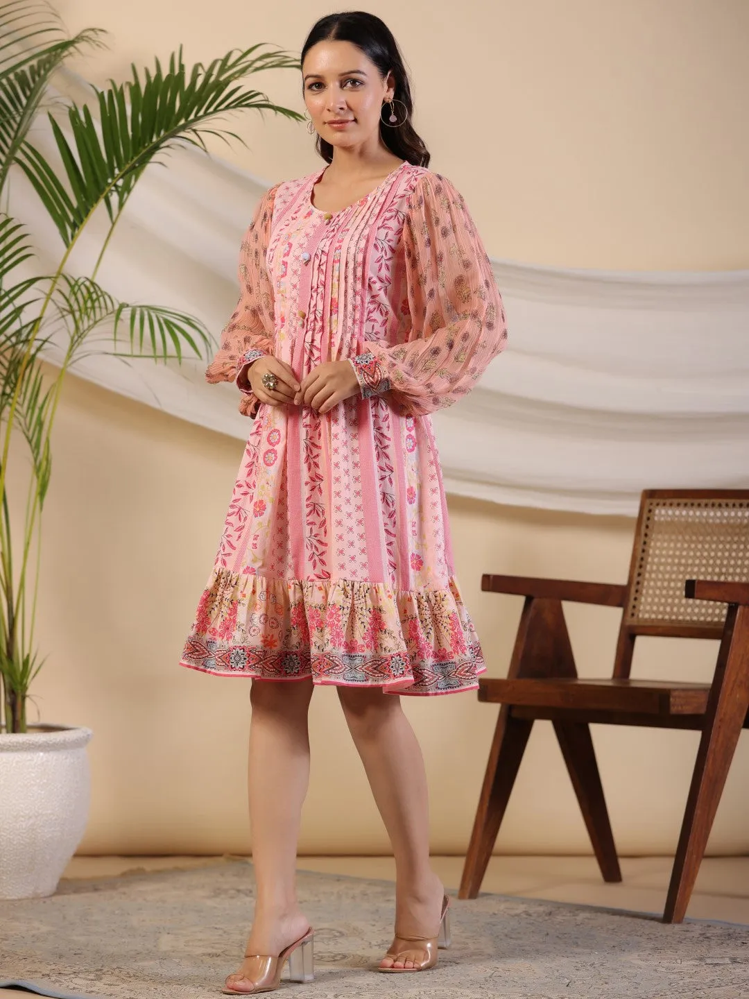 Jashvi Pink Wonderland Floral Printed Pure Cotton Midi Dress With Pintucks & 3D Handwork