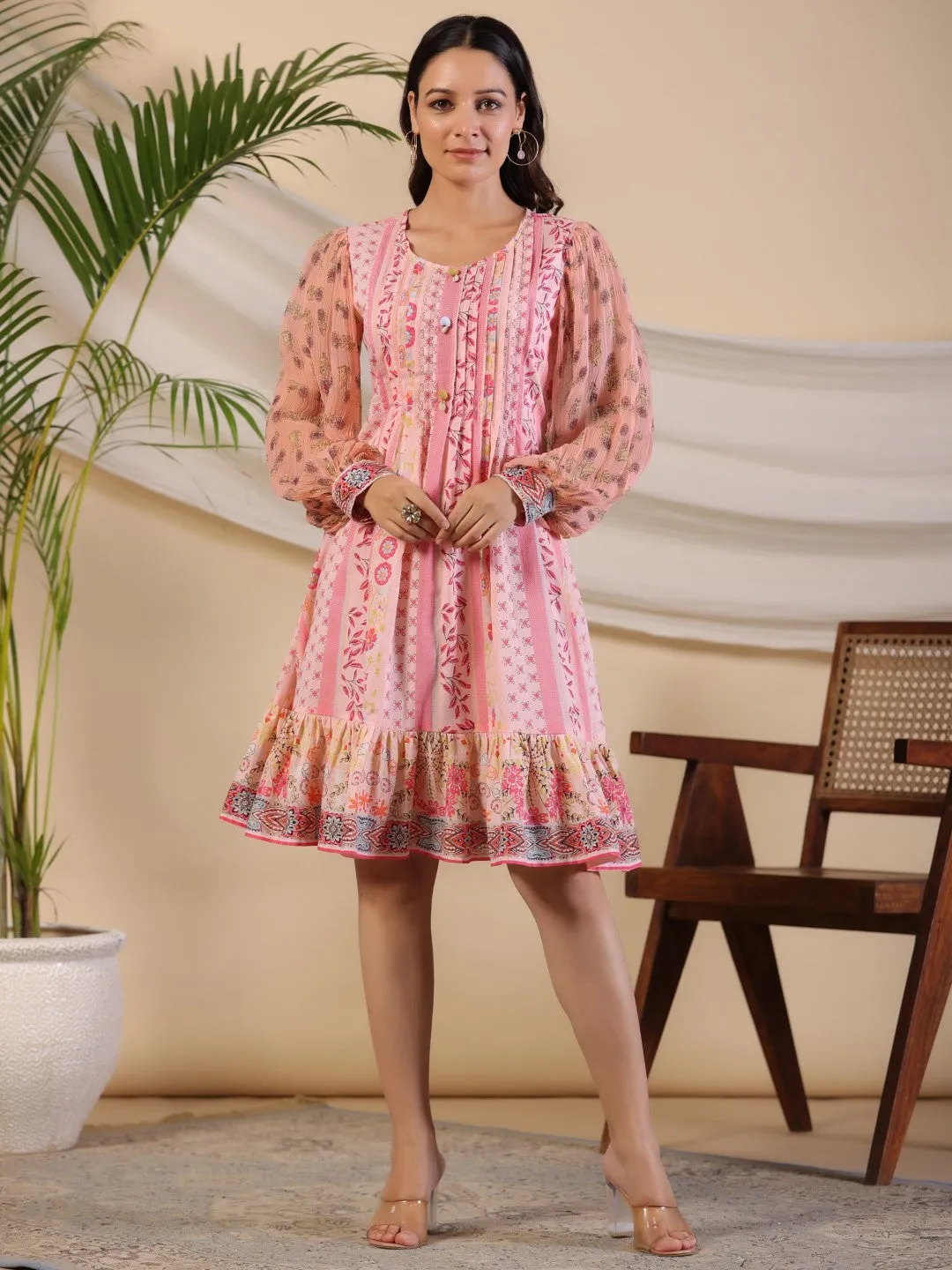 Jashvi Pink Wonderland Floral Printed Pure Cotton Midi Dress With Pintucks & 3D Handwork