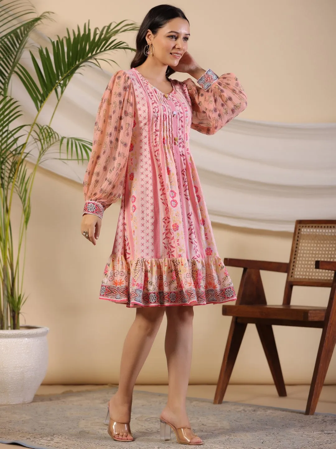 Jashvi Pink Wonderland Floral Printed Pure Cotton Midi Dress With Pintucks & 3D Handwork