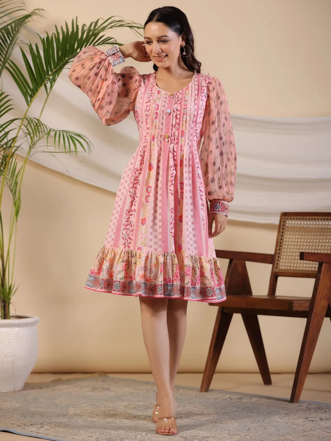 Jashvi Pink Wonderland Floral Printed Pure Cotton Midi Dress With Pintucks & 3D Handwork