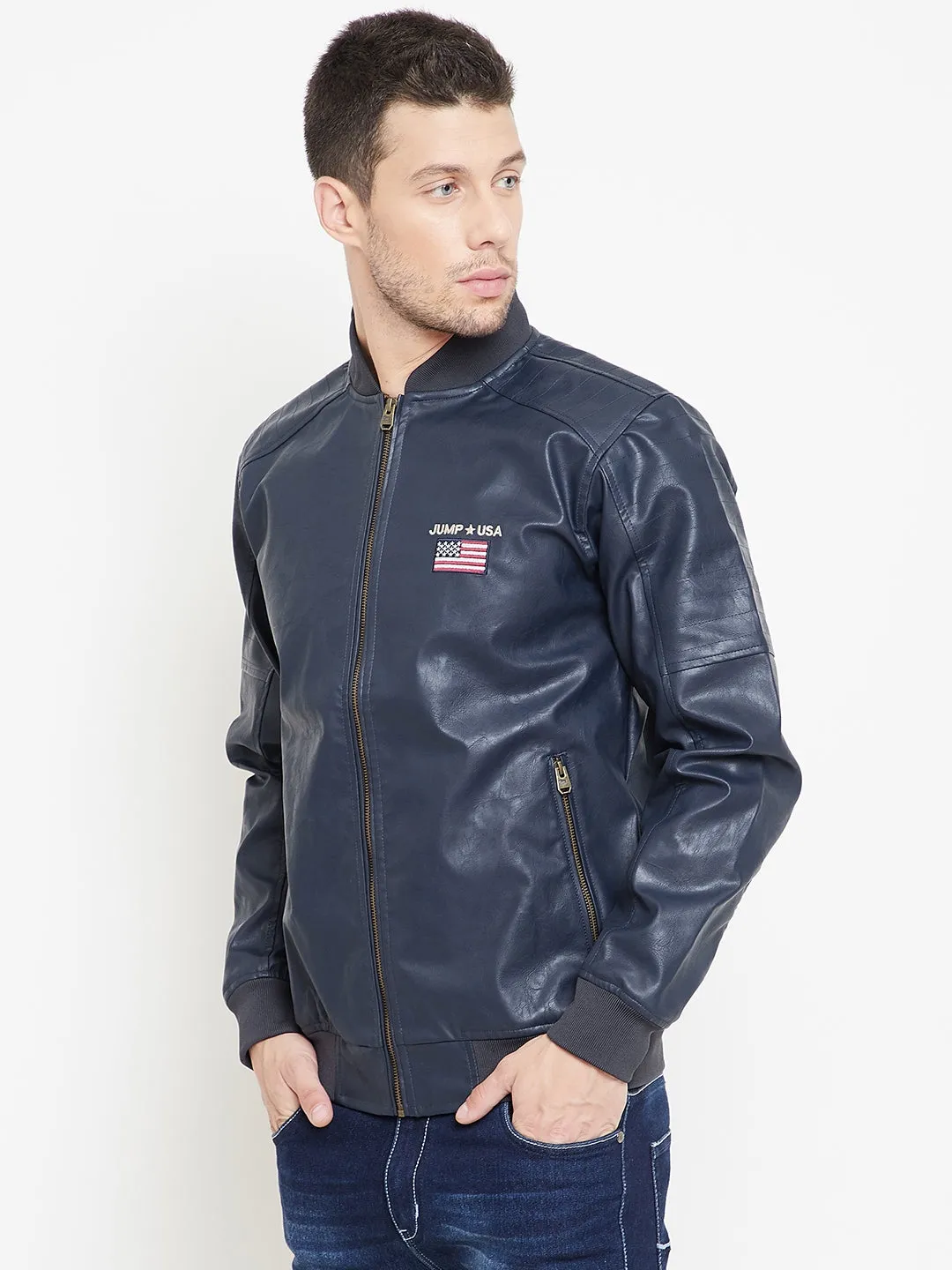 JUMP USA Navy Solid Casual PU Leather Varsity Jacket