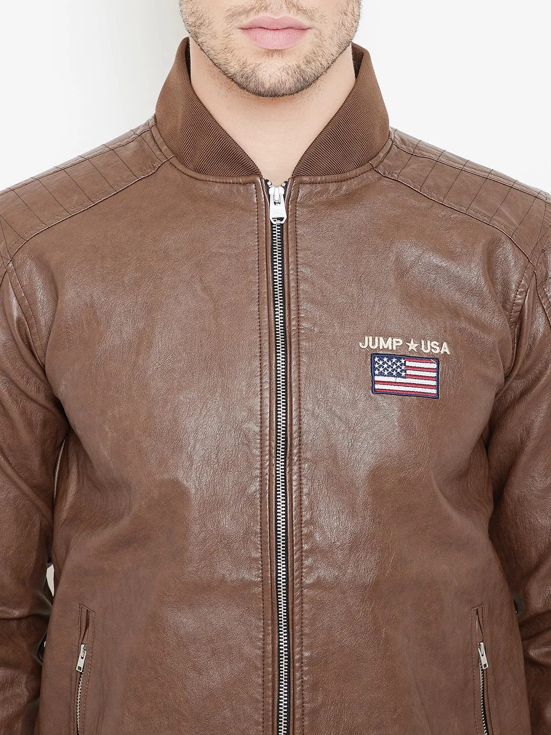 JUMP USA Tan Solid Casual PU Leather Varsity Jacket