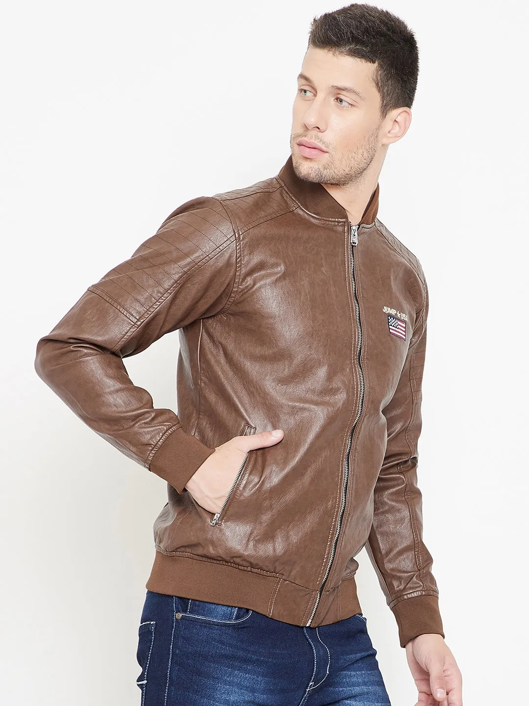 JUMP USA Tan Solid Casual PU Leather Varsity Jacket