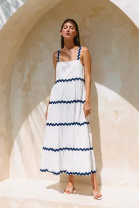 Kalliope White Navy Ric Rac Tiered Maxi Dress