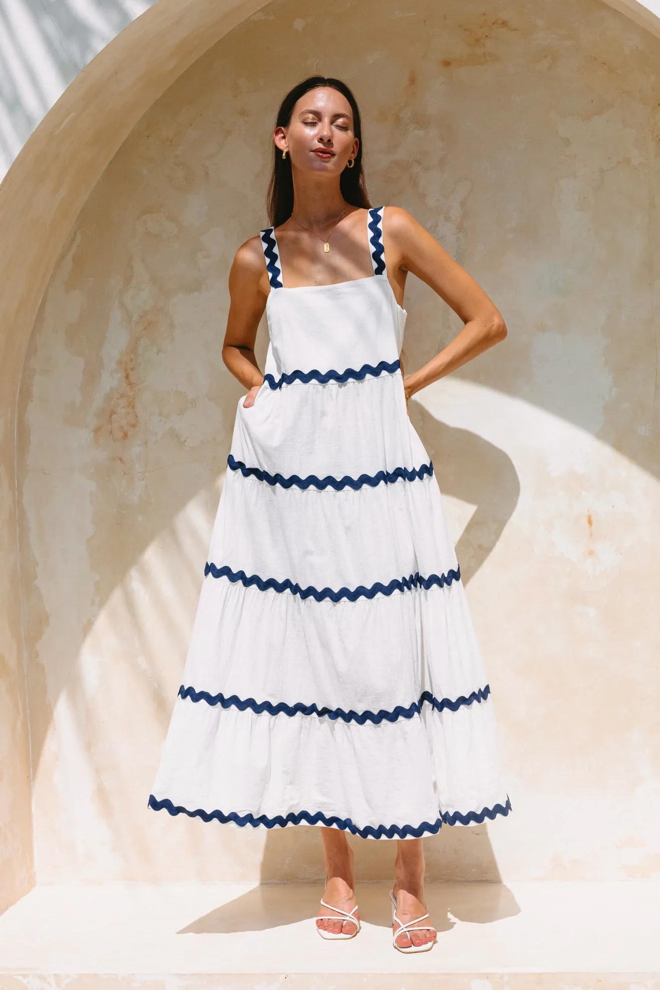 Kalliope White Navy Ric Rac Tiered Maxi Dress