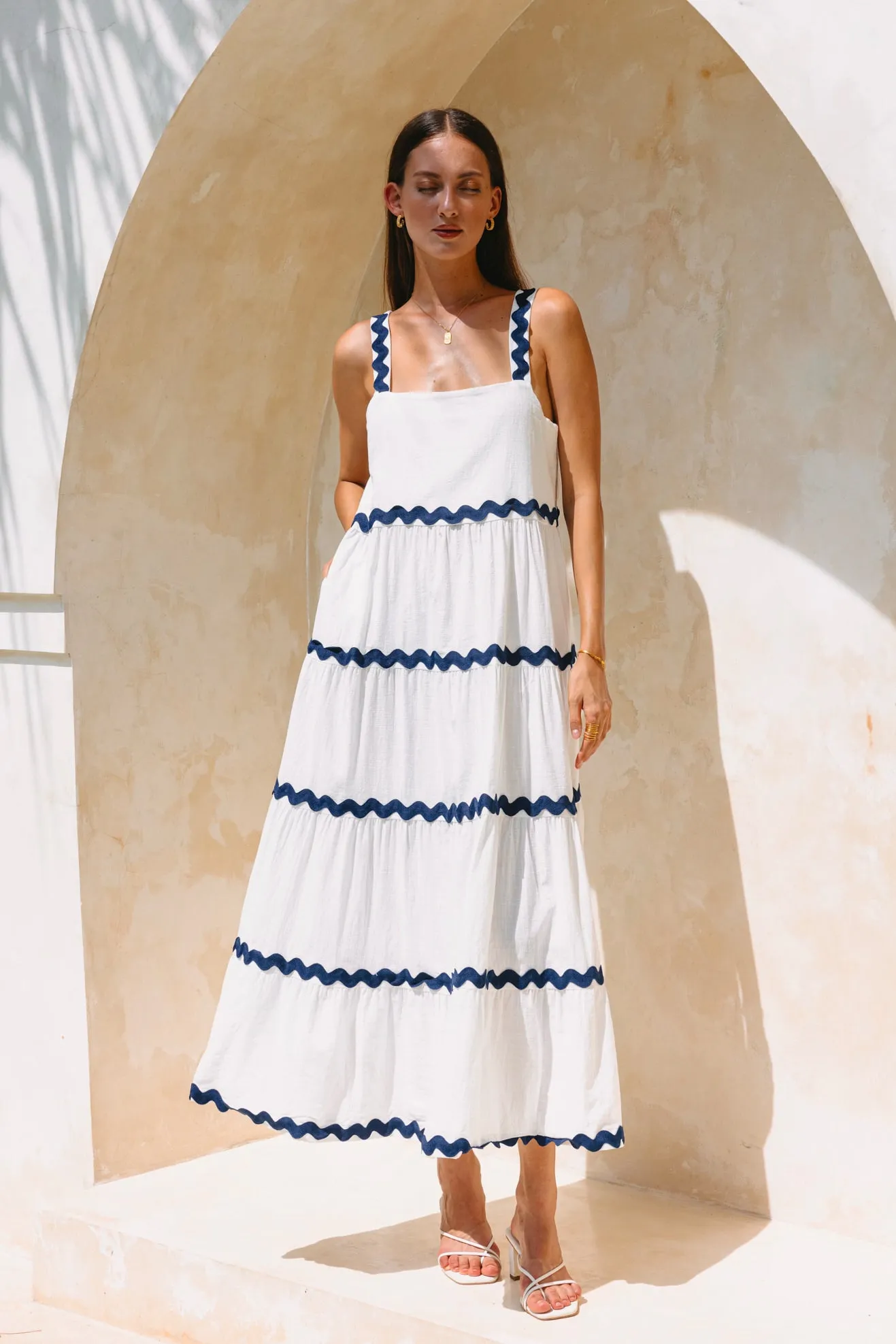 Kalliope White Navy Ric Rac Tiered Maxi Dress