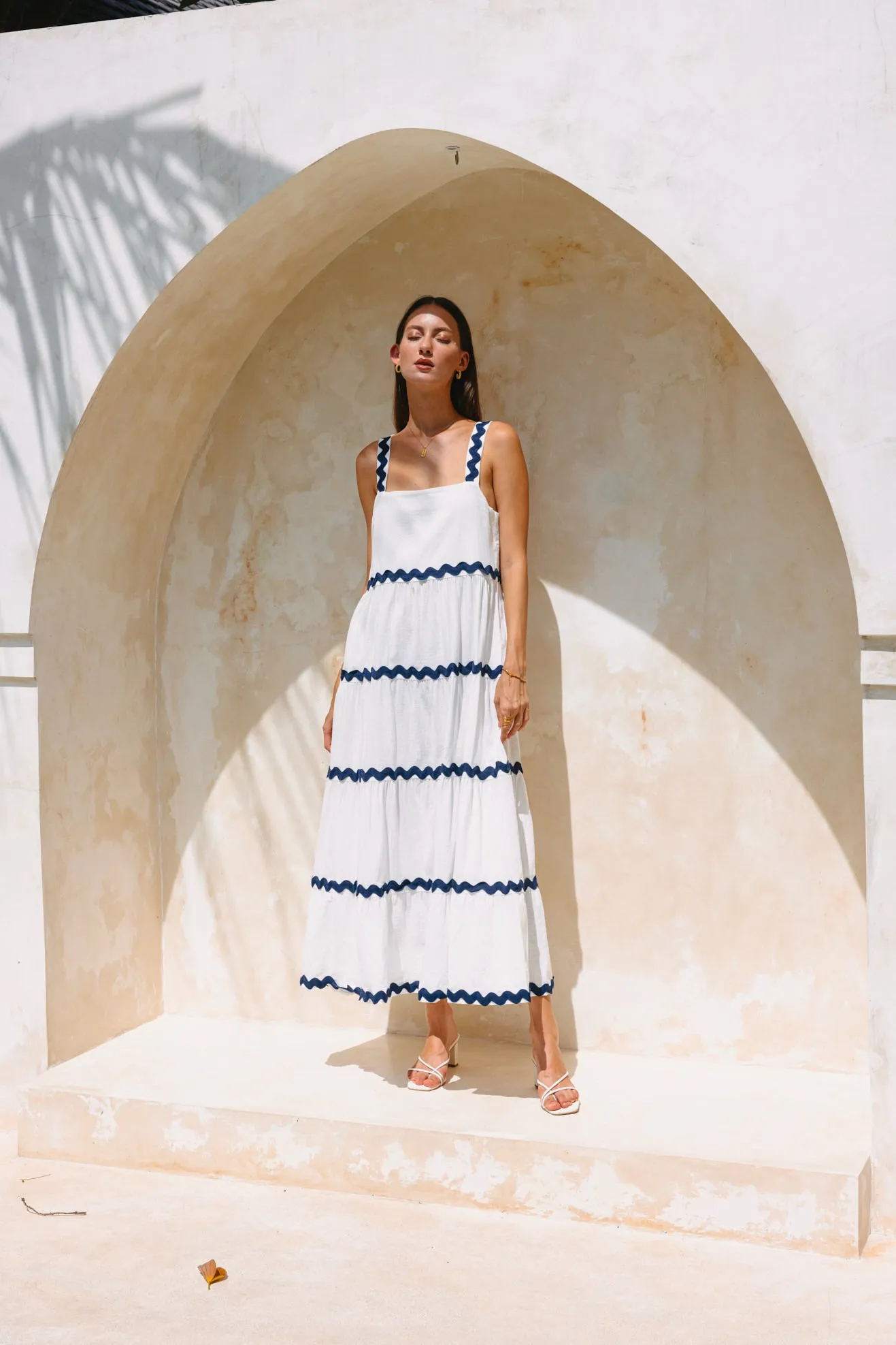 Kalliope White Navy Ric Rac Tiered Maxi Dress