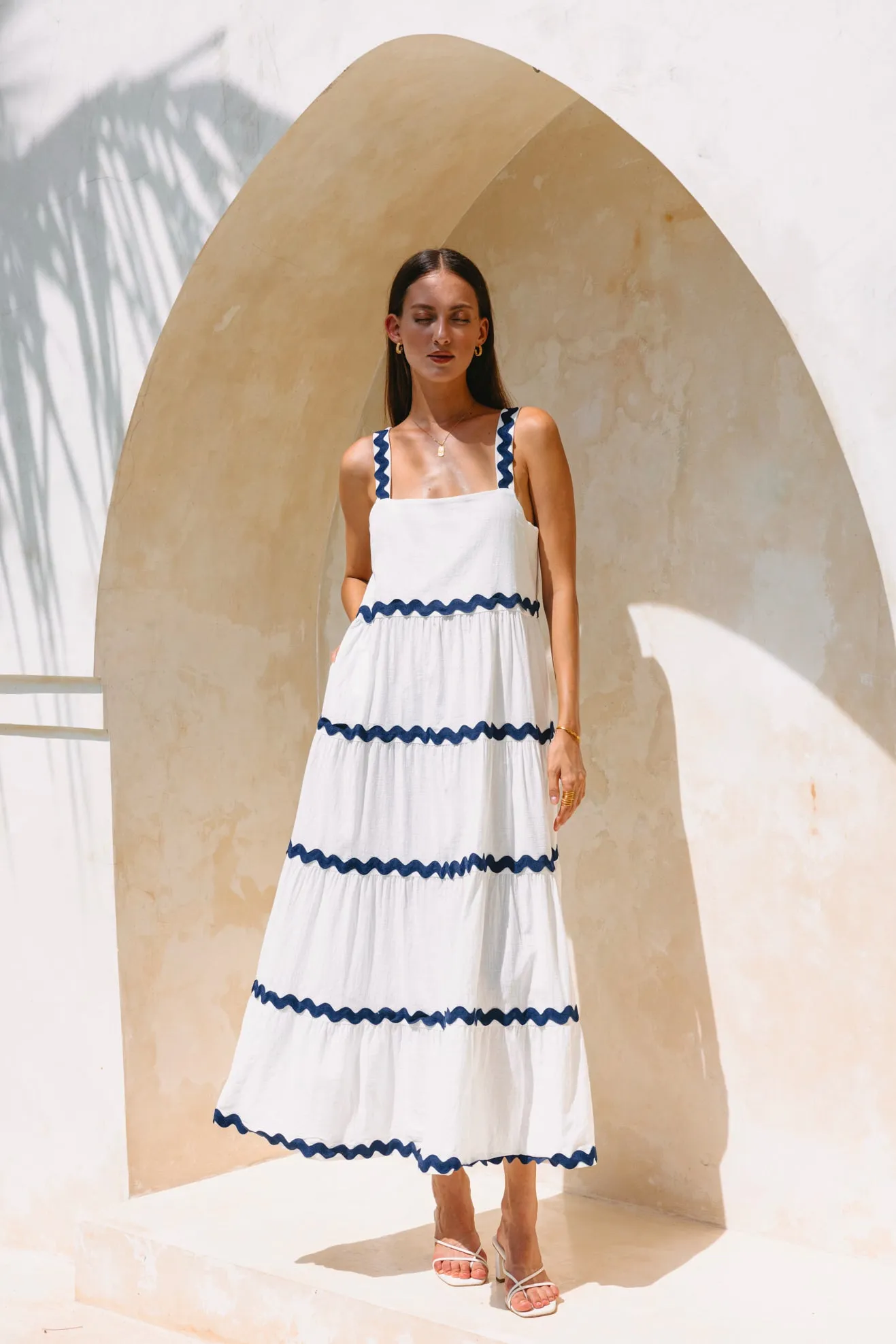 Kalliope White Navy Ric Rac Tiered Maxi Dress