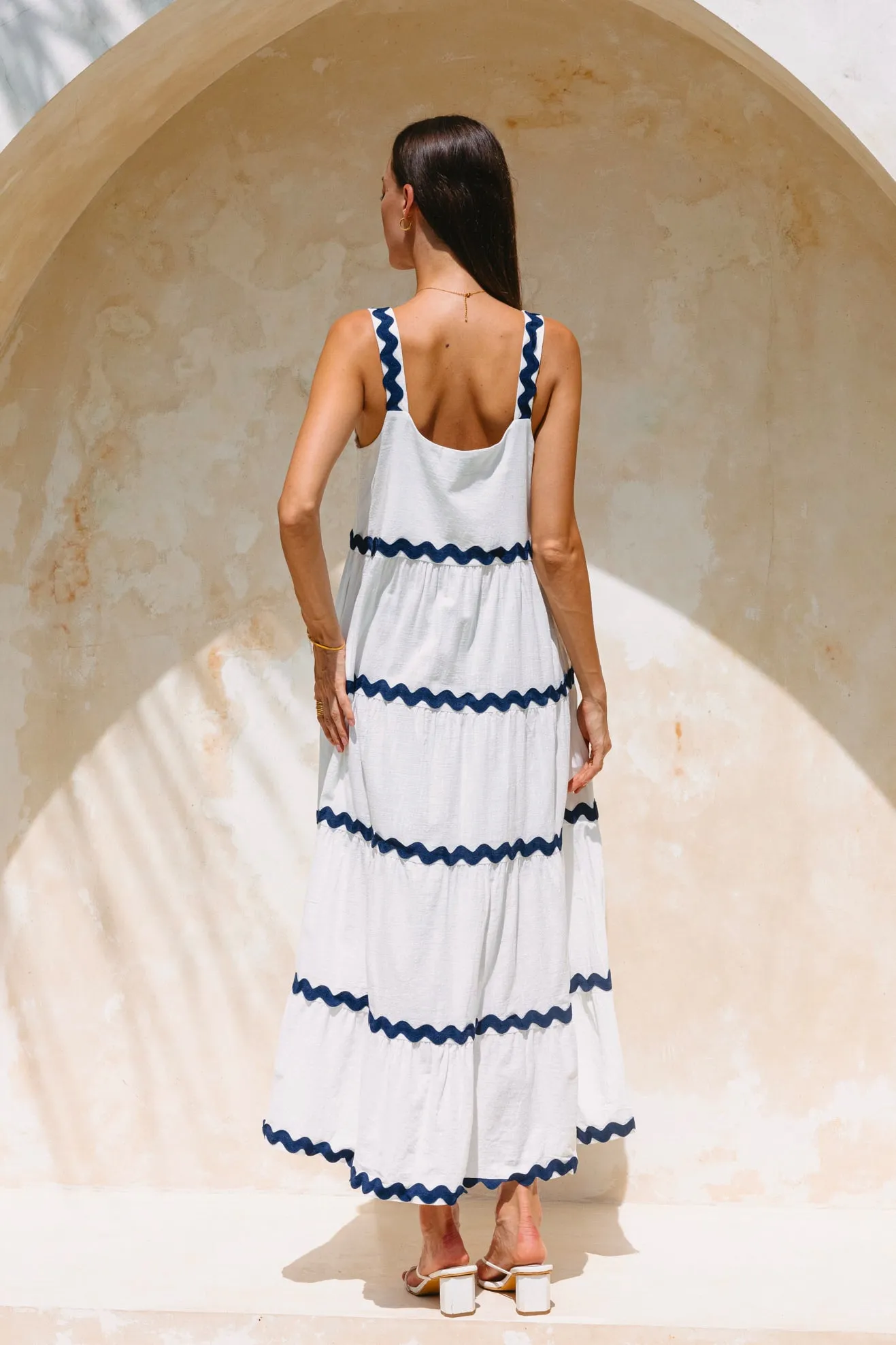 Kalliope White Navy Ric Rac Tiered Maxi Dress