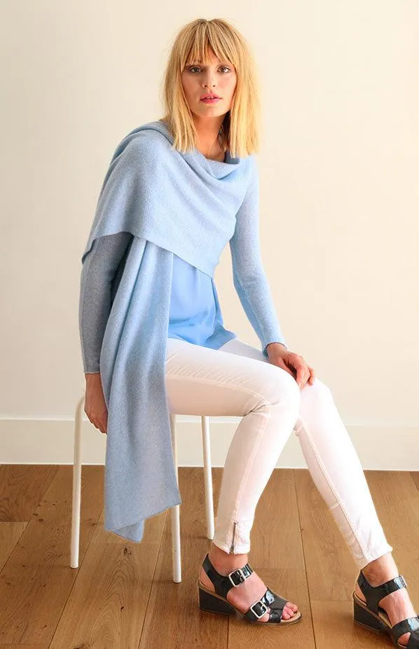 Long front lightweight cashmere cardigan in powder blue