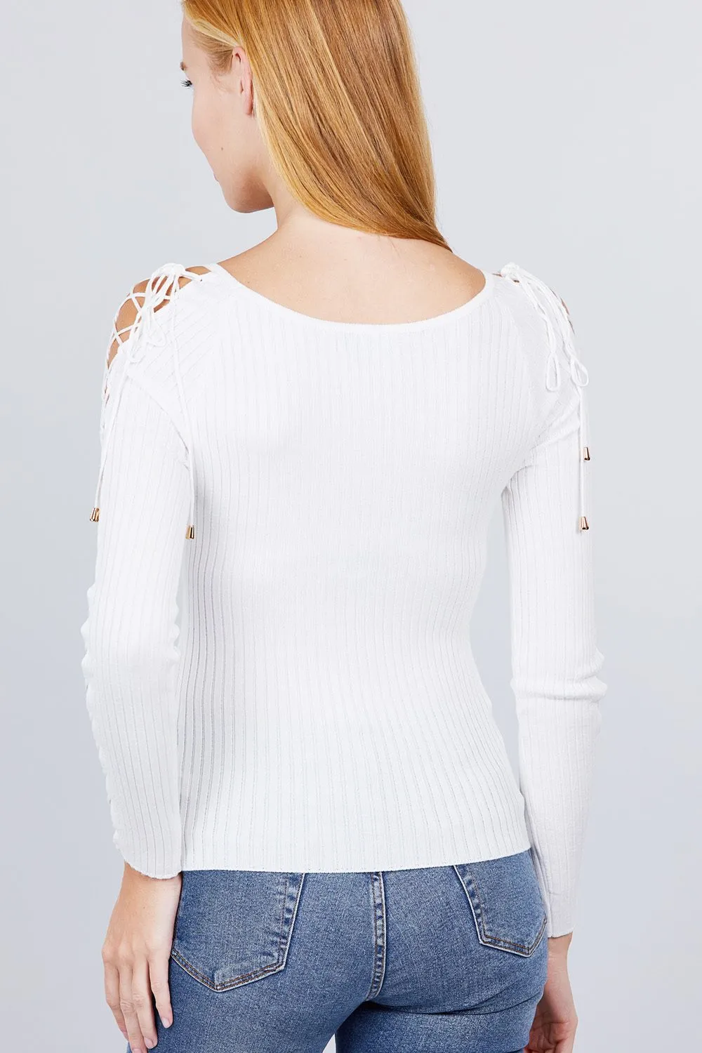 Long Sleeve W/strappy Detail Round Neck Rib Sweater Top - 5 colors