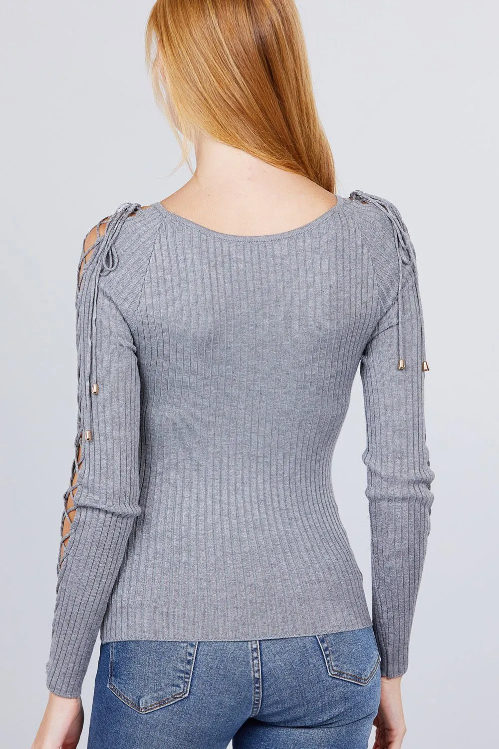 Long Sleeve W/strappy Detail Round Neck Rib Sweater Top - 5 colors