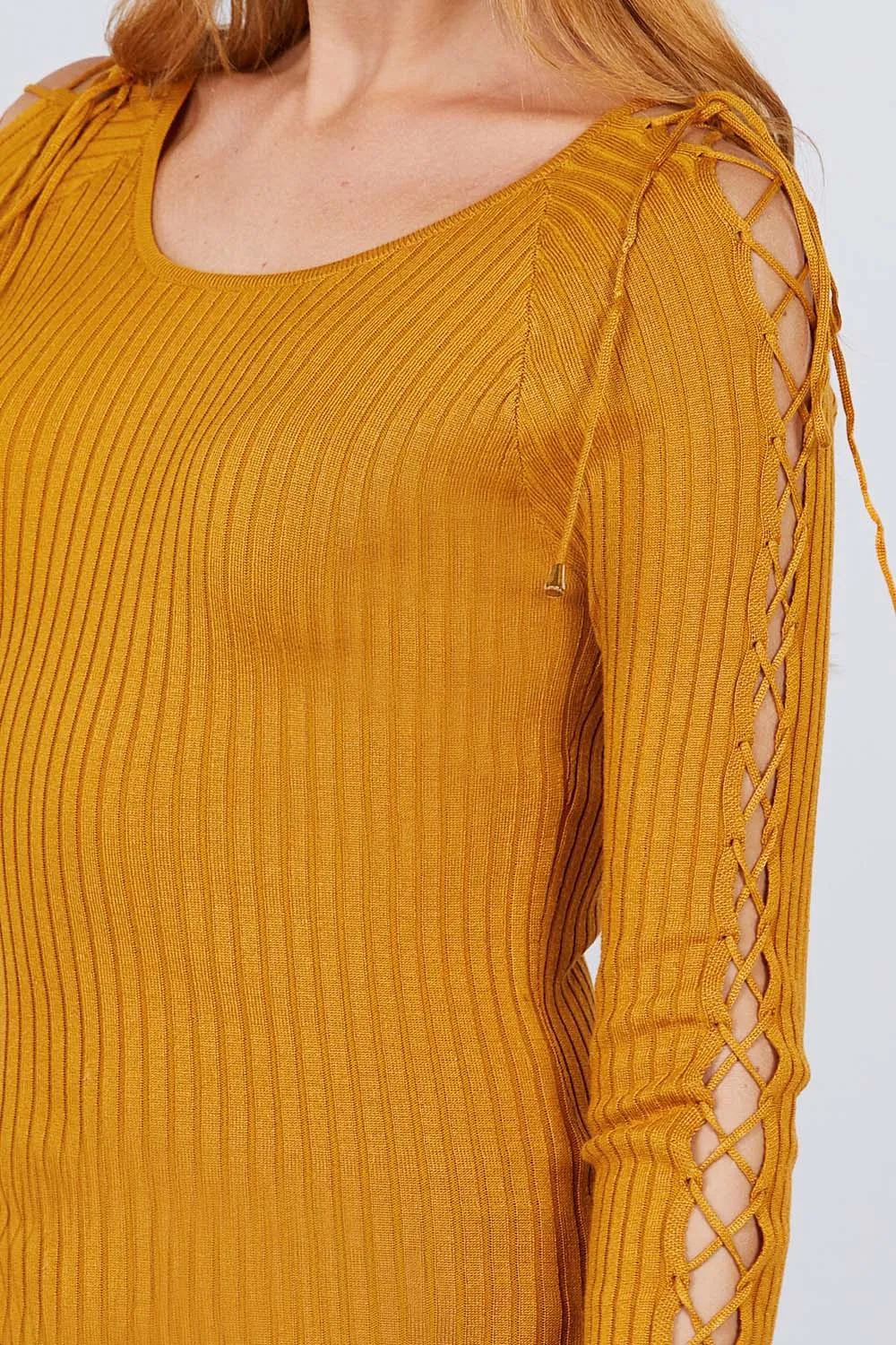 Long Sleeve W/strappy Detail Round Neck Rib Sweater Top - 5 colors