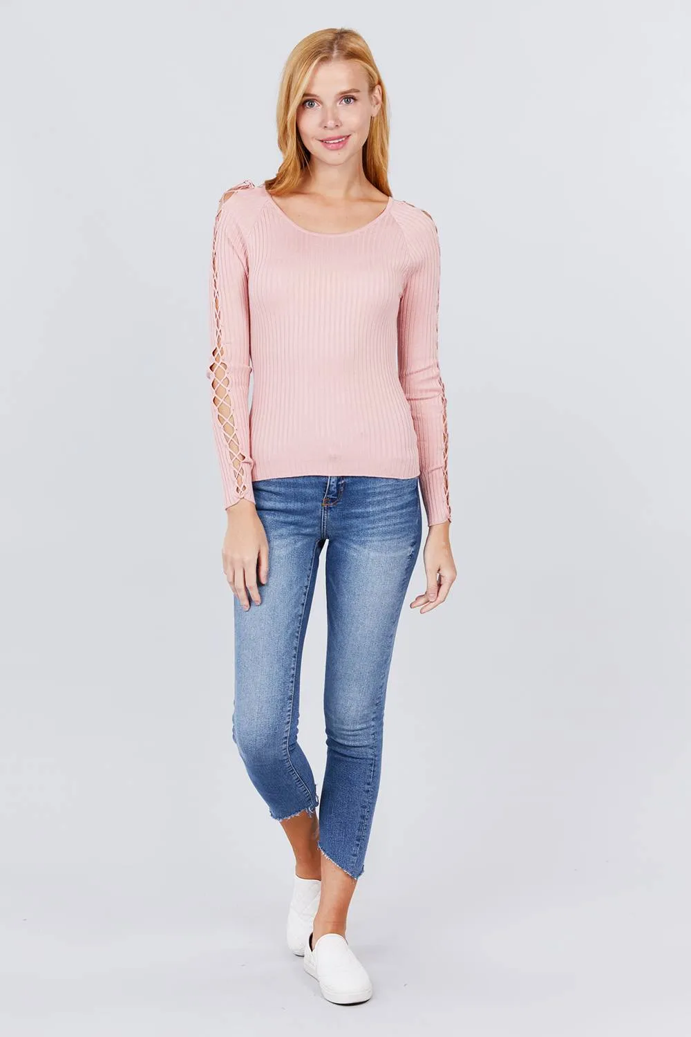 Long Sleeve W/strappy Detail Round Neck Rib Sweater Top - 5 colors